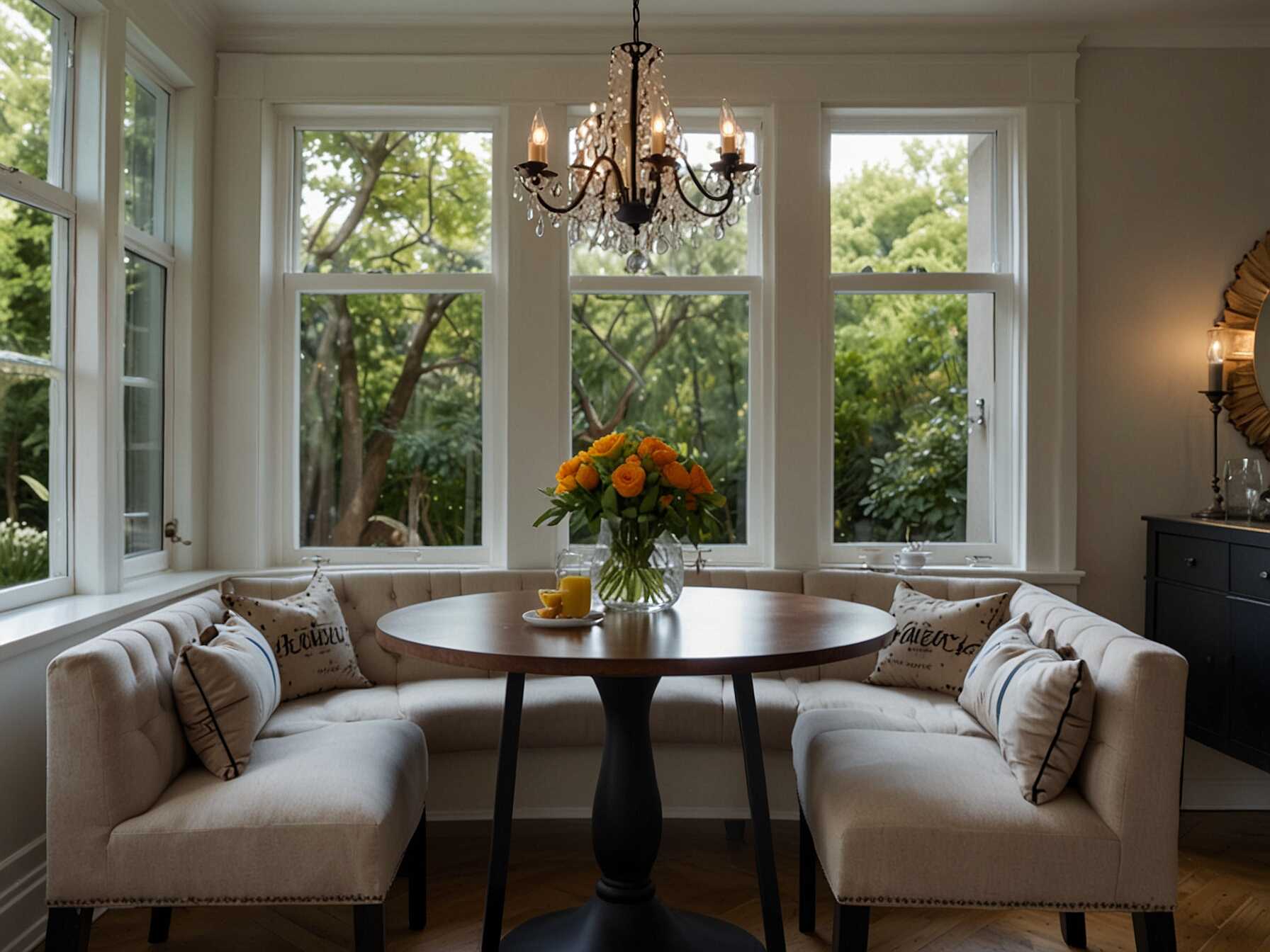 Add some elegance to your breakfast nook with a chic chandelier, fancy tableware, and stylish cushions. It makes the space feel special and inviting.  