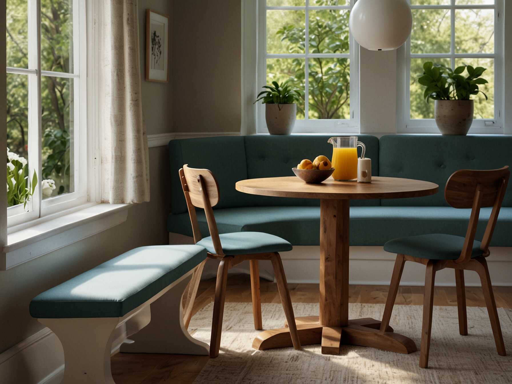 Design a family-friendly breakfast nook with a spacious table and comfortable seating. Use durable materials and easy-to-clean surfaces. Its perfect for busy family mornings.  