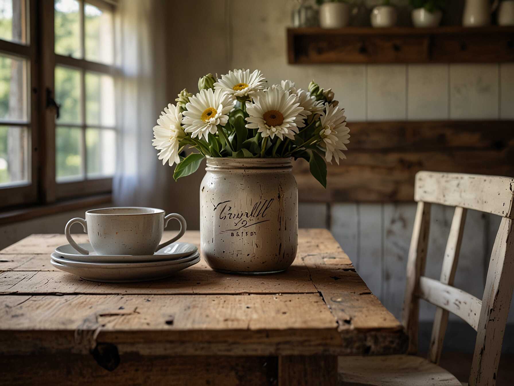 Give your breakfast nook a farmhouse look with weathered wood, neutral tones, and vintage touches. You can add a checkered tablecloth and some mason jar flowers to complete the look.  