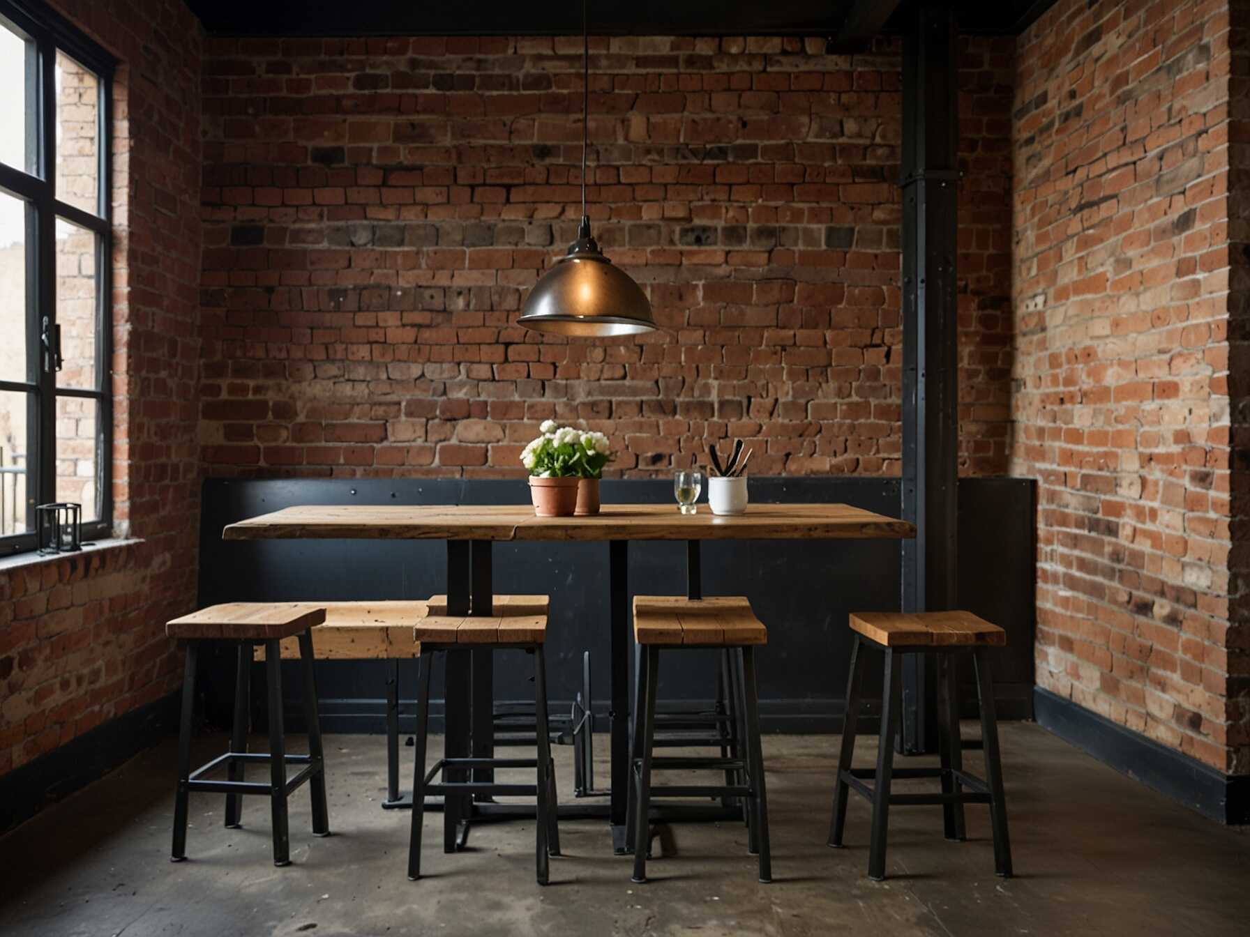 Give your breakfast nook an industrial feel with metal and wood elements. Use a sturdy metal table paired with wooden stools. Exposed brick walls can enhance the overall look.  