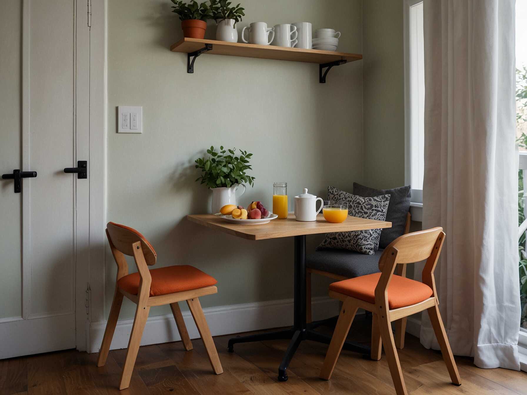 Even small spaces can have delightful breakfast nooks. Use a foldable table and chairs that you can tuck away when not in use. This makes the most of limited space.  