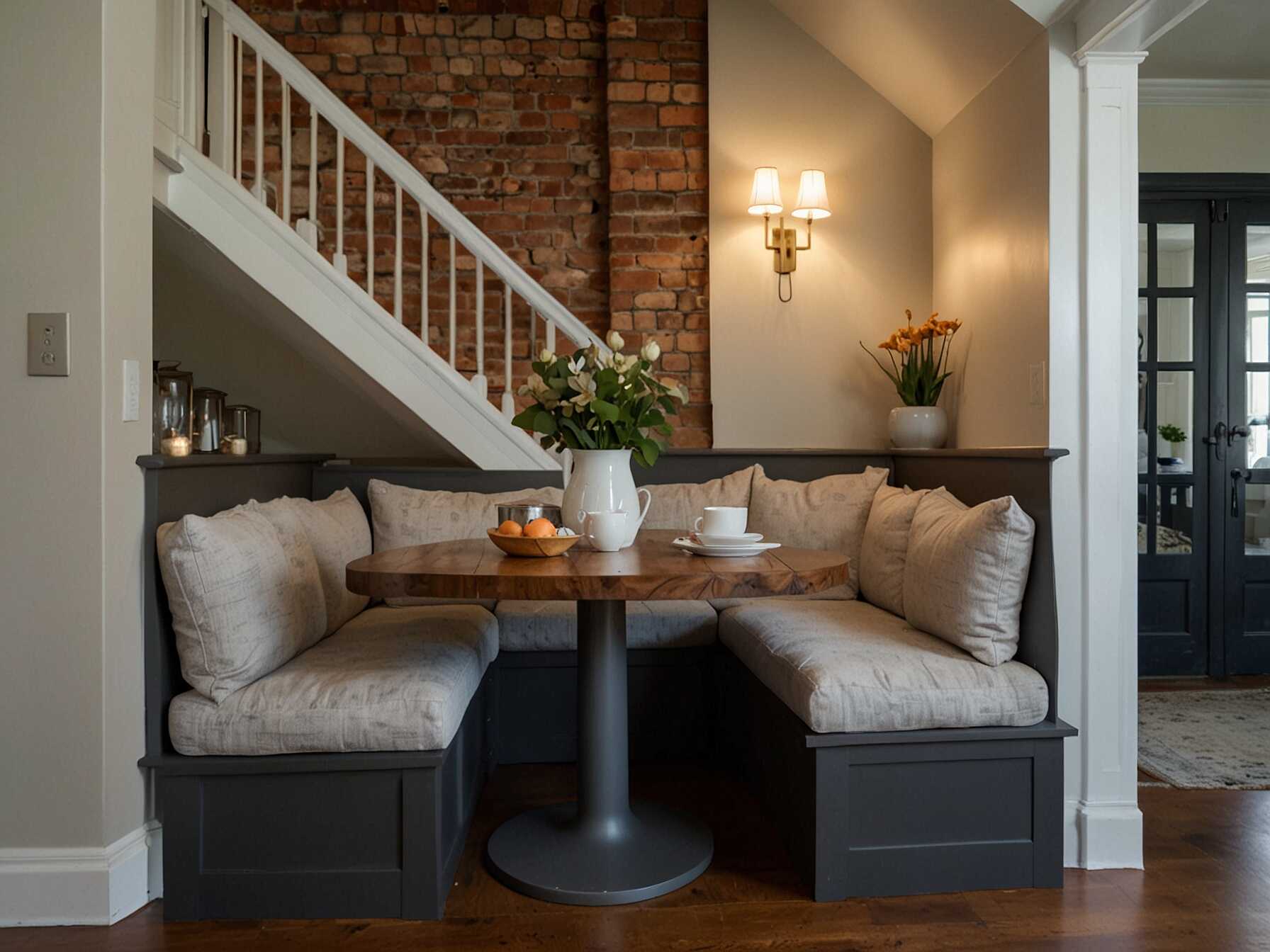 Utilize the space under your stairs to create a unique breakfast nook. Its a clever way to use otherwise wasted space. Add a small table and some cushions for a cozy corner.  