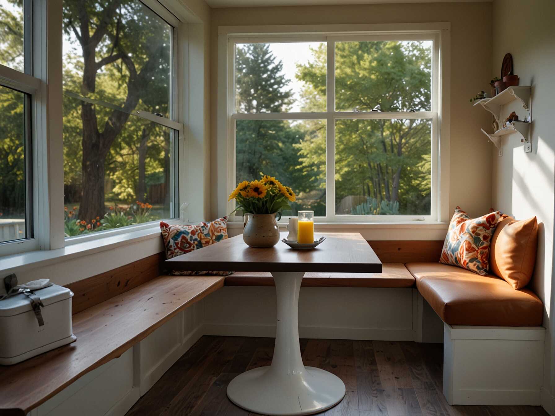 Install a bench seat under a window for a cozy and bright breakfast nook. Its a great way to enjoy natural light while having your morning meal. Add some cushions for extra comfort.  