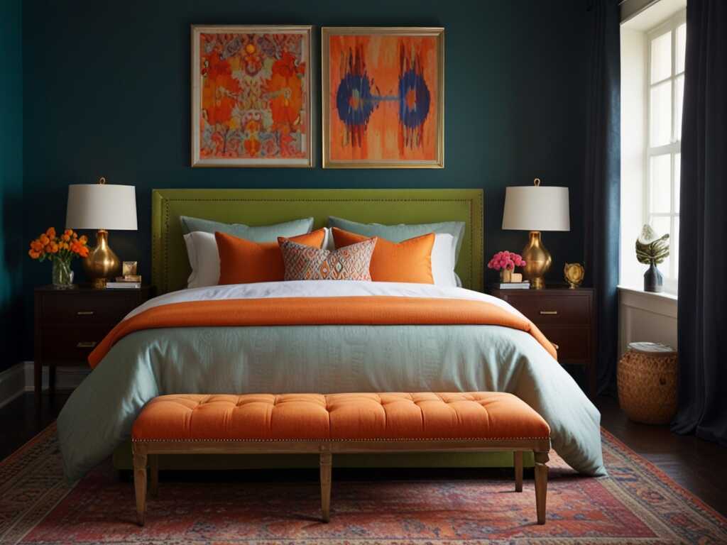 Bright, bold colors can energize your bedroom. Use colorful pillows, rugs, or artwork to add life to your space. This is an easy way to change the look of your room without a full redesign.  