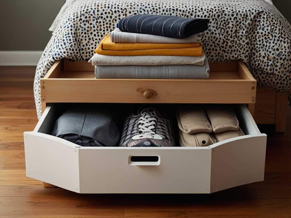 Maximize your bedroom storage by using the space under your bed. Storage bins, boxes, or built-in drawers can keep your room tidy and organized. It’s an efficient way to store off-season clothes or extra bedding.  