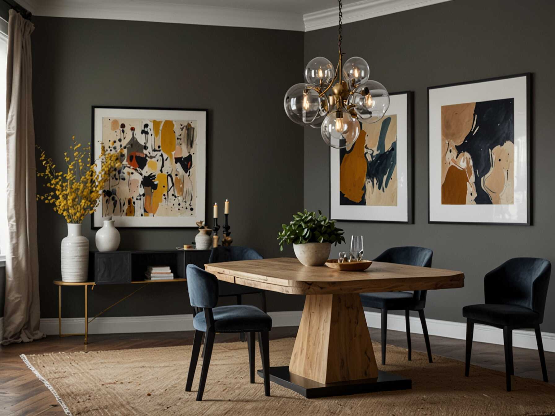 Decorate the walls of your dining room with art pieces or large prints. Choose artwork that reflects your personality or complements your dining room’s style. This can make the space feel more curated and stylish.  