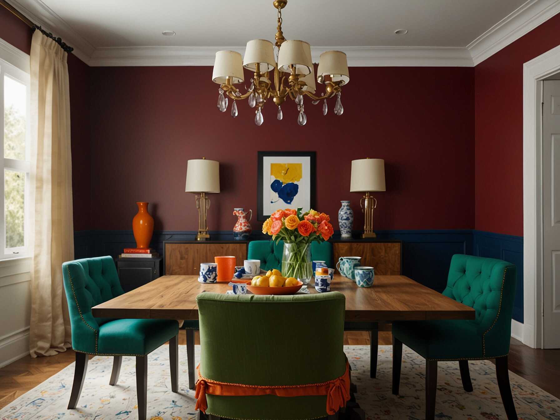 Bright colors can make your dining room feel lively and fun. Think about using bold shades like deep red, navy blue, or emerald green on walls or as accent colors. Pair them with neutral furniture to balance the look.  