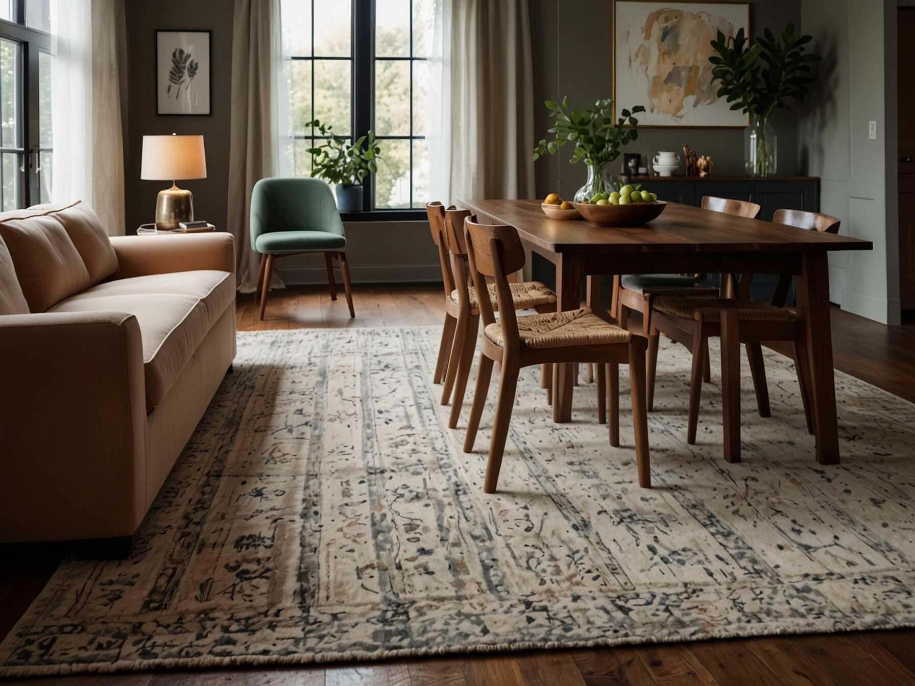 Add a cozy rug under your dining table to make the space feel warm and inviting. Choose a rug with a pattern or texture that complements your dining room’s decor. It also helps define the dining area.  