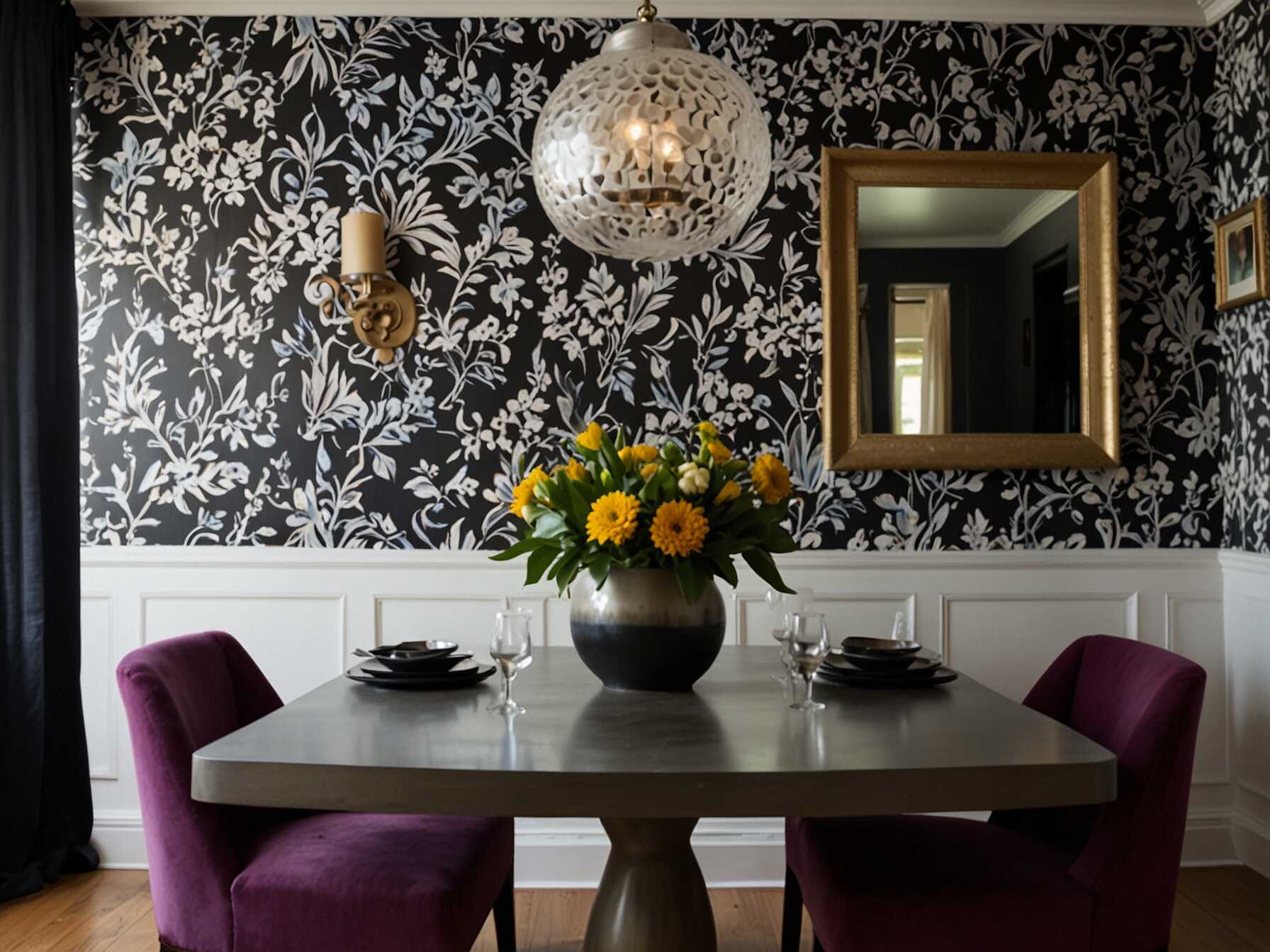 Use bold and patterned wallpaper to make a statement in your dining room. Wallpaper can add color, texture, and personality to the space. Just make sure it matches the overall theme and style.  