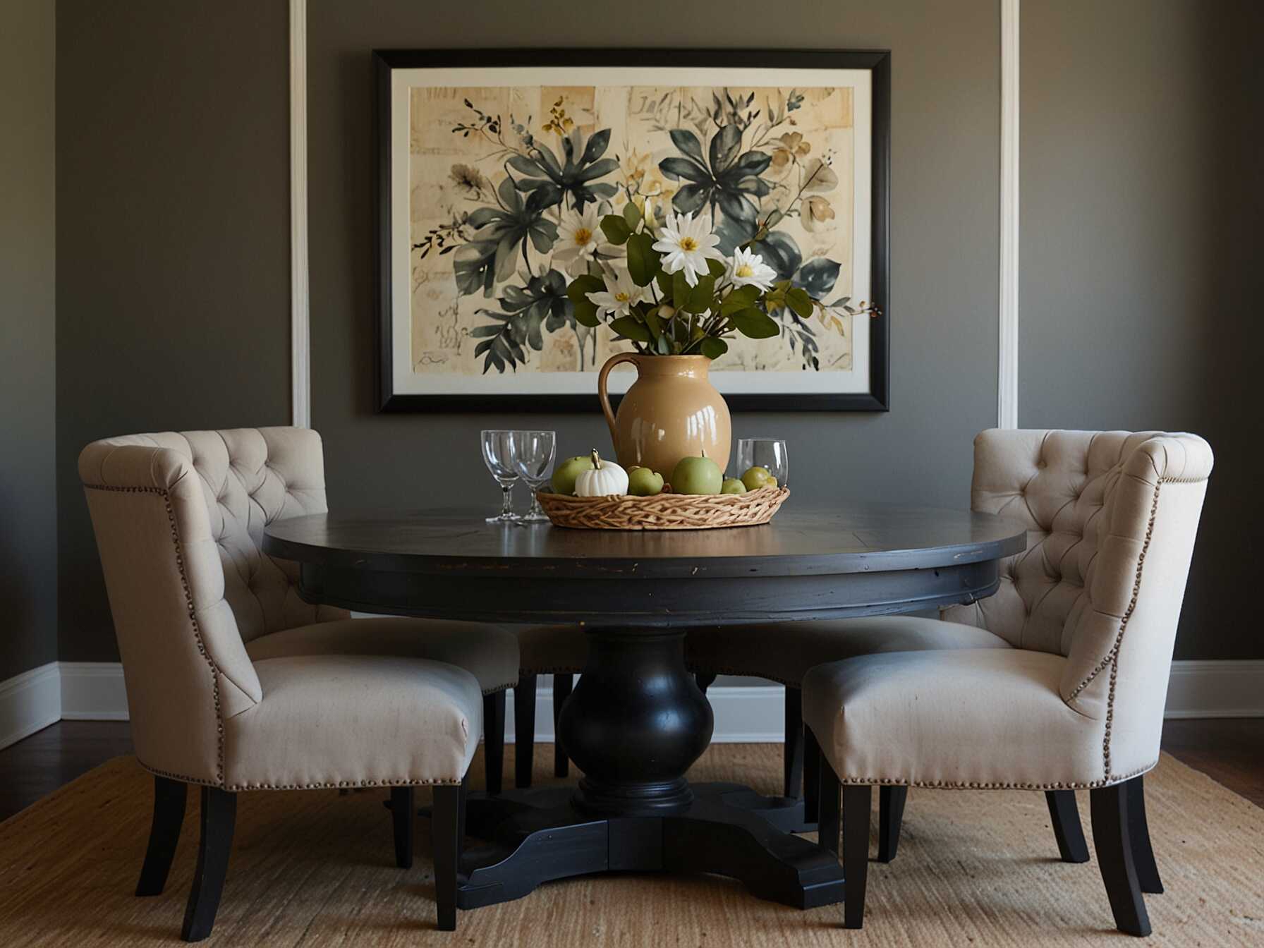 Create personalized dining room accents with DIY projects. You can paint your chairs, make your own table centerpiece, or hang handmade wall art. This adds a unique and personal touch to your dining space.  