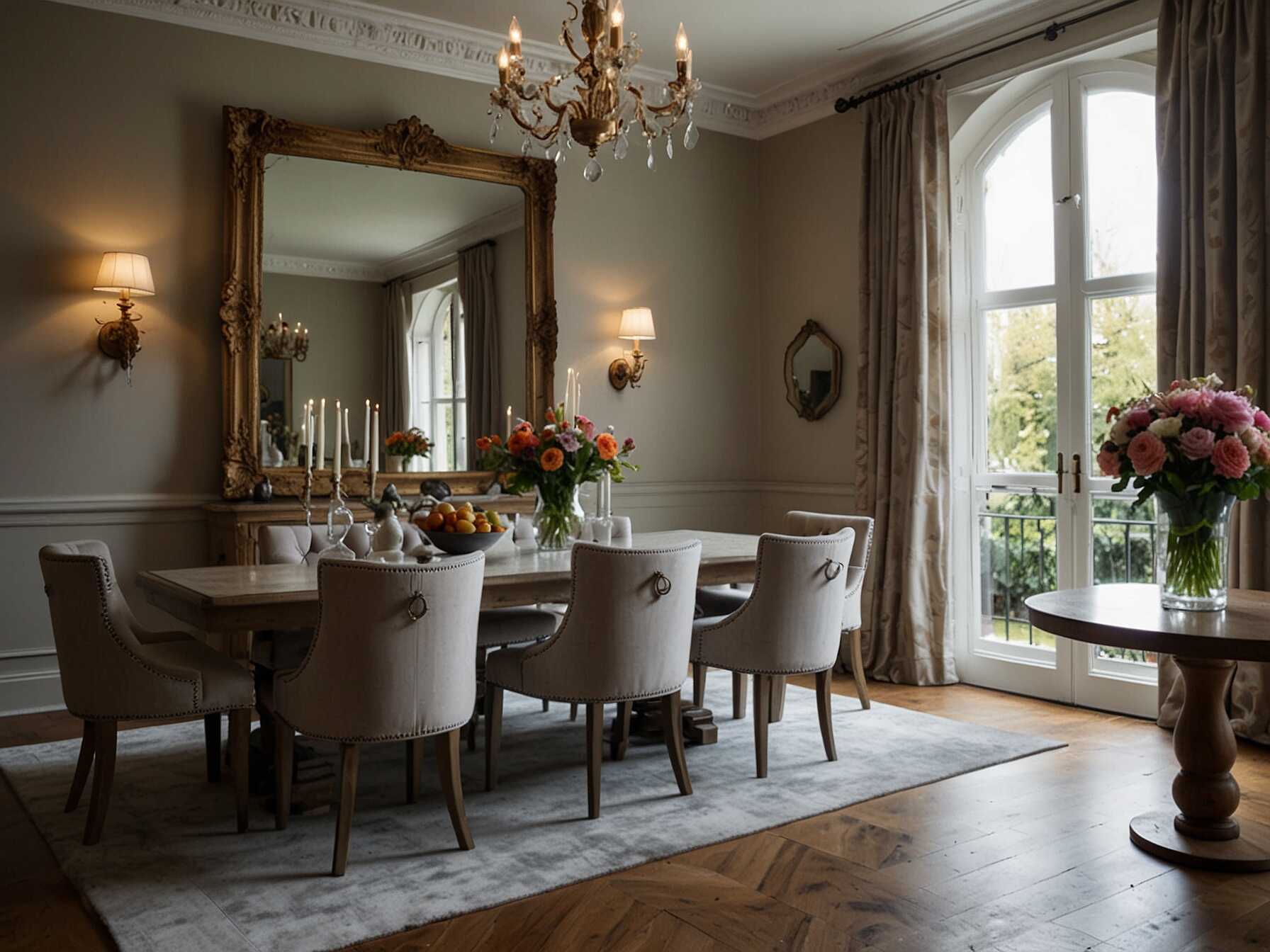 A large mirror can make your dining room look bigger and brighter. Position it opposite a window to reflect natural light. Choose a mirror with a beautiful frame to add a touch of elegance.  