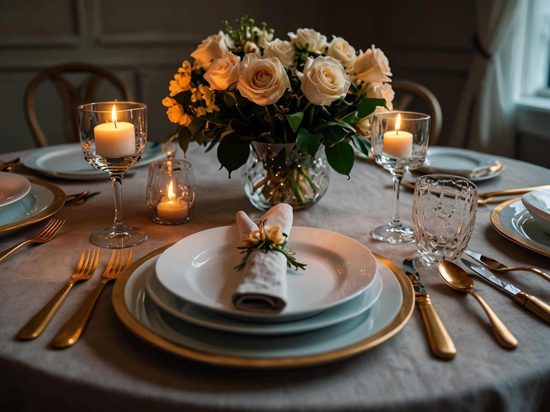 Dress up your dining table with elegant table settings. Use beautiful plates, glasses, and cutlery. Add a tablecloth or placemats, and finish with candles or fresh flowers for a refined look.  