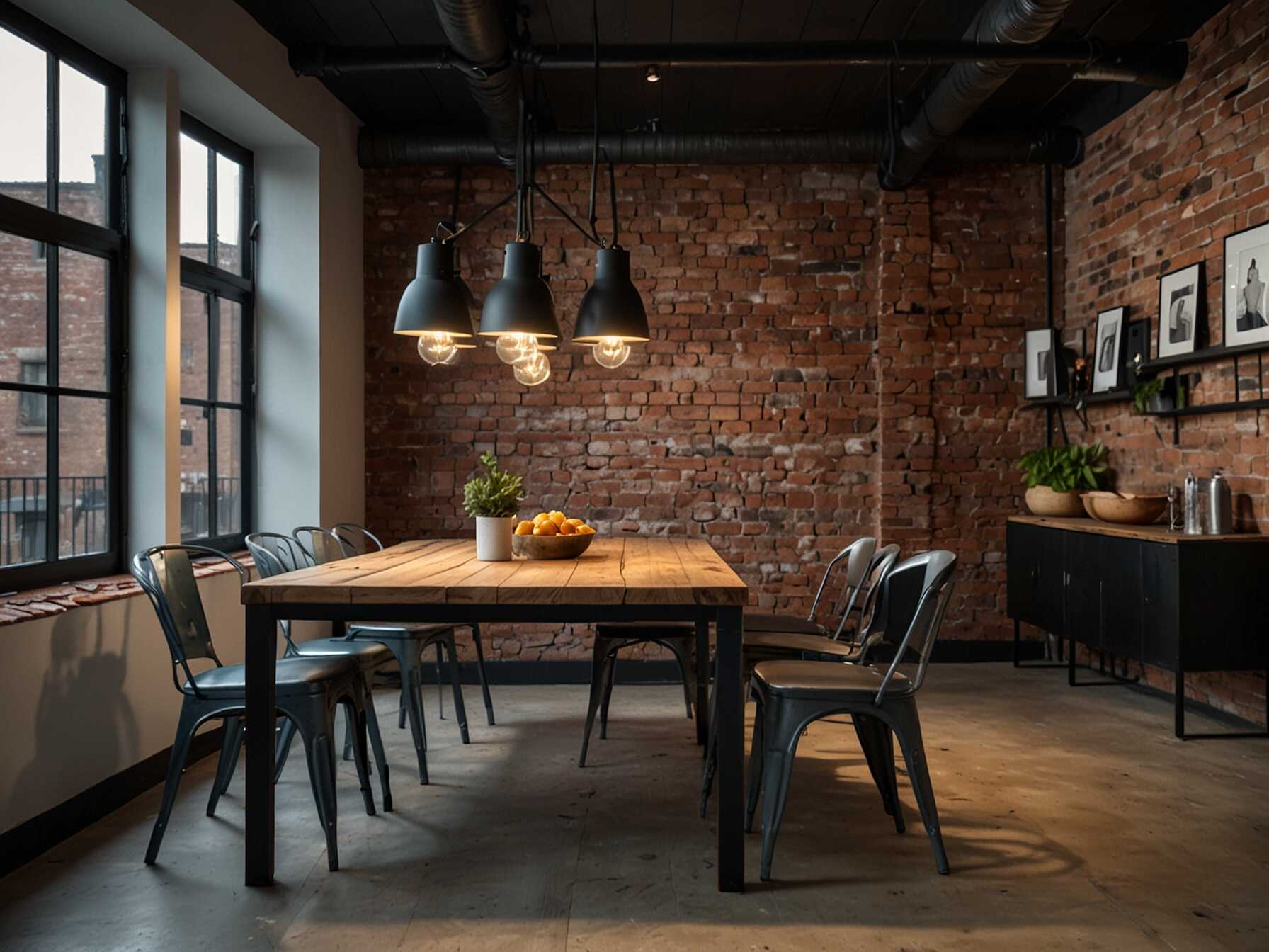 Incorporate industrial elements like metal chairs, exposed brick, and wooden tables. This gives your dining room a trendy and urban look. It's perfect for those who love a raw and edgy style.  