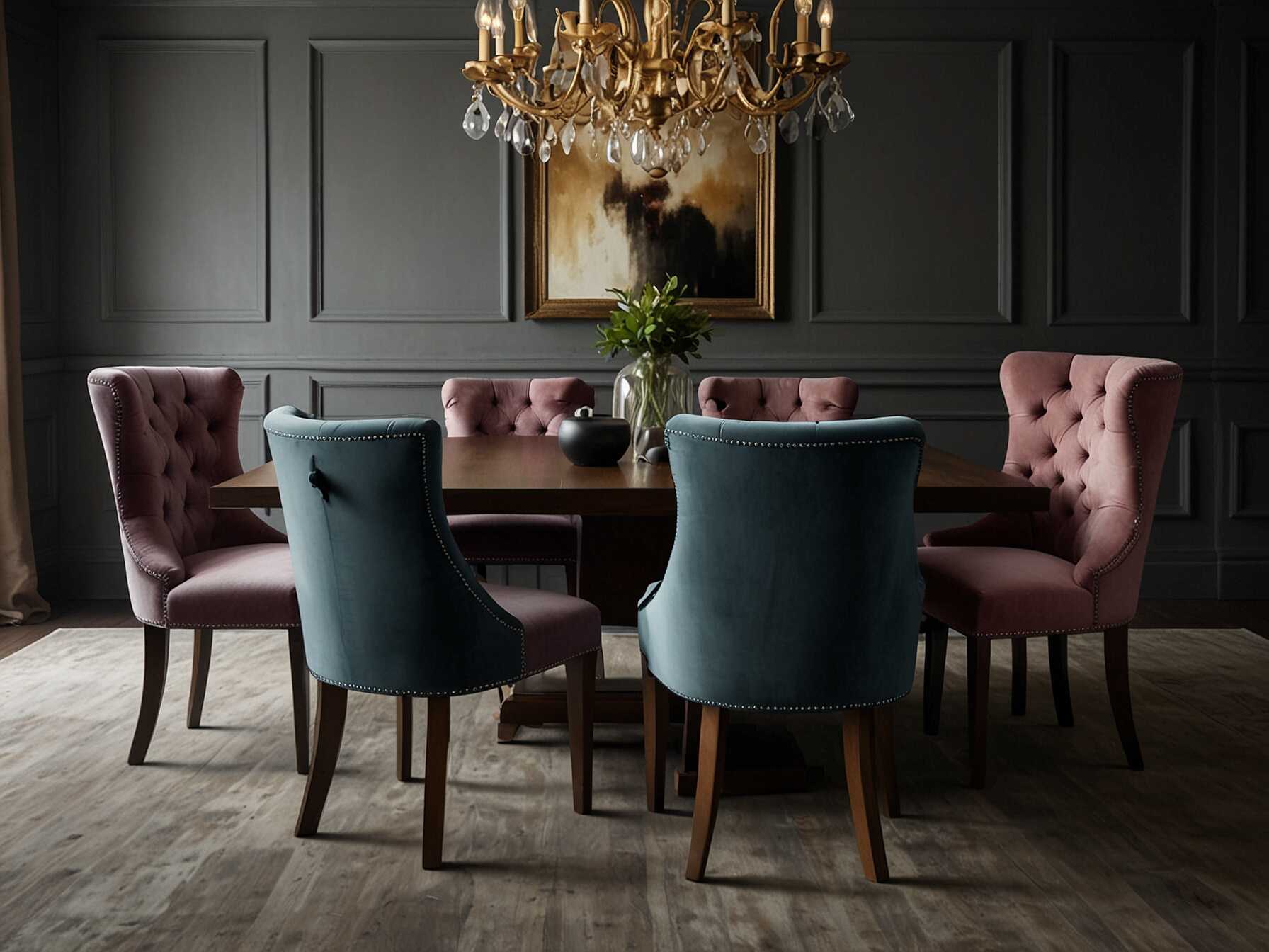 Add a touch of luxury with velvet dining chairs. Velvet is soft, plush, and comes in many colors. These chairs can make your dining room feel more sophisticated and stylish.  