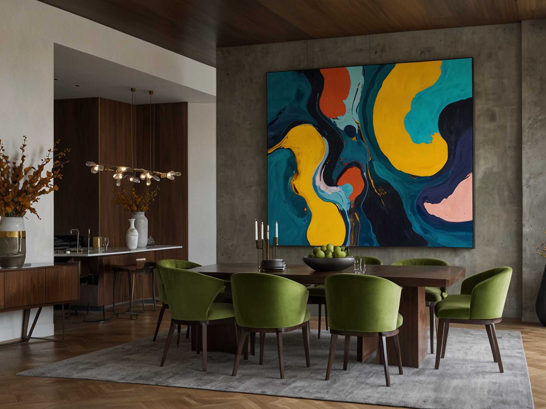 Use large, bold artworks to create a modern and dynamic dining room. The art can be abstract or feature strong colors and shapes. It adds an interesting focal point to the space.  