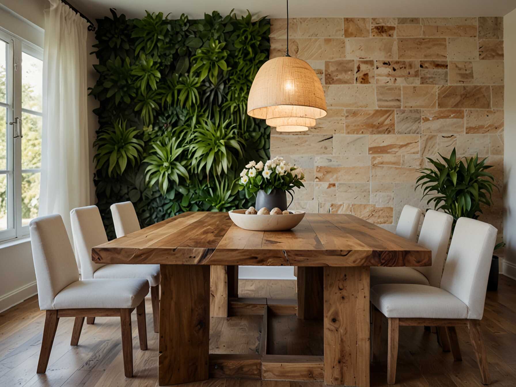 Use natural materials like wood, stone, and plants in your dining room. A wooden dining table, stone accents, and a few potted plants can create a warm and inviting atmosphere.  