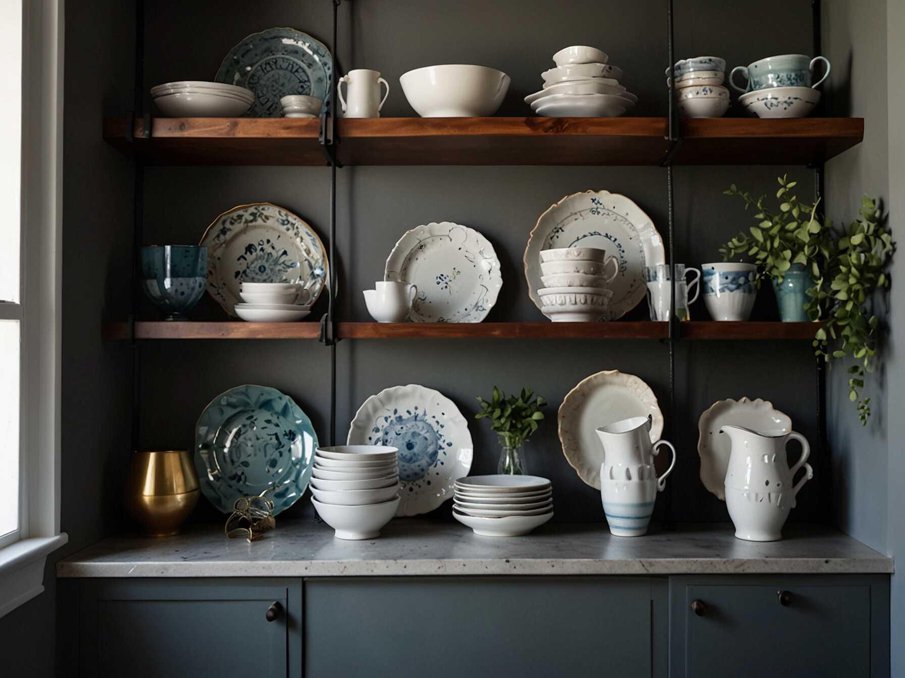 Install open shelves to display your beautiful dishes and glassware. This not only adds storage but also shows off your collection. Use neatly arranged items to keep the look tidy and elegant.  