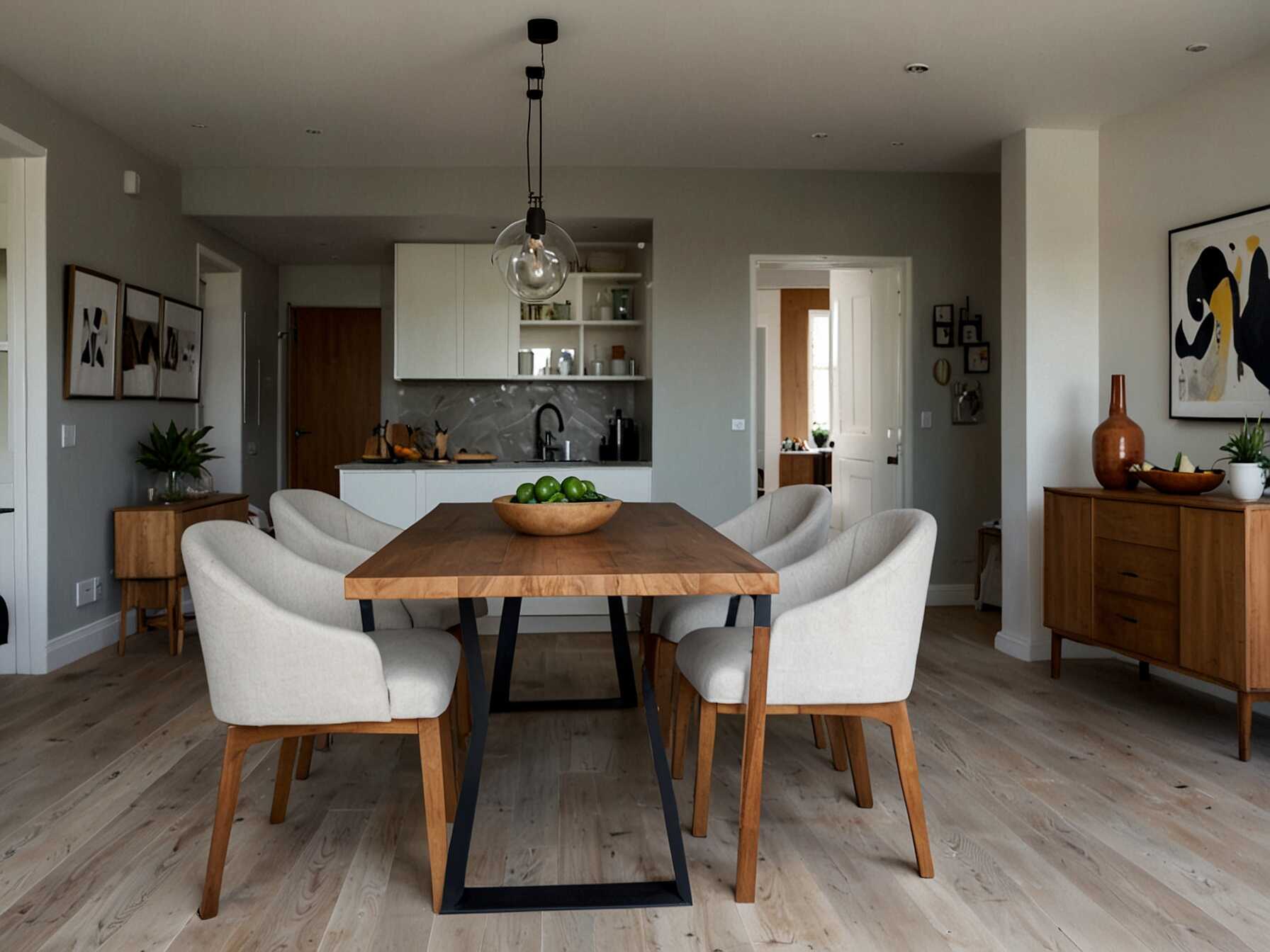 Combine your dining room with your kitchen or living area for an open-plan layout. This creates a spacious and multifunctional area that’s perfect for entertaining guests.  