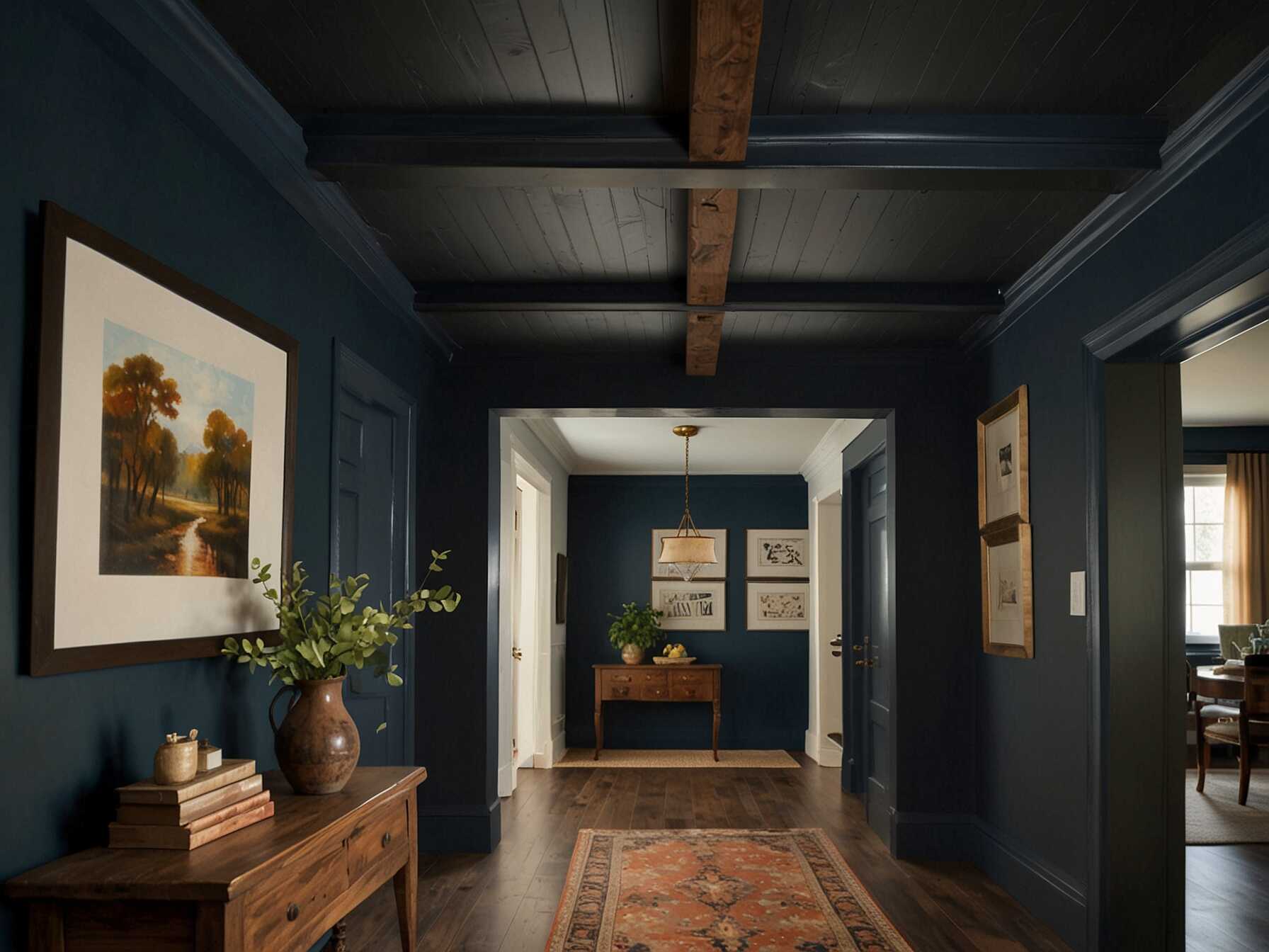 A feature ceiling can make your hallway unique. Paint it a bold color or add wood beams. It draws the eye upward and adds interest.  