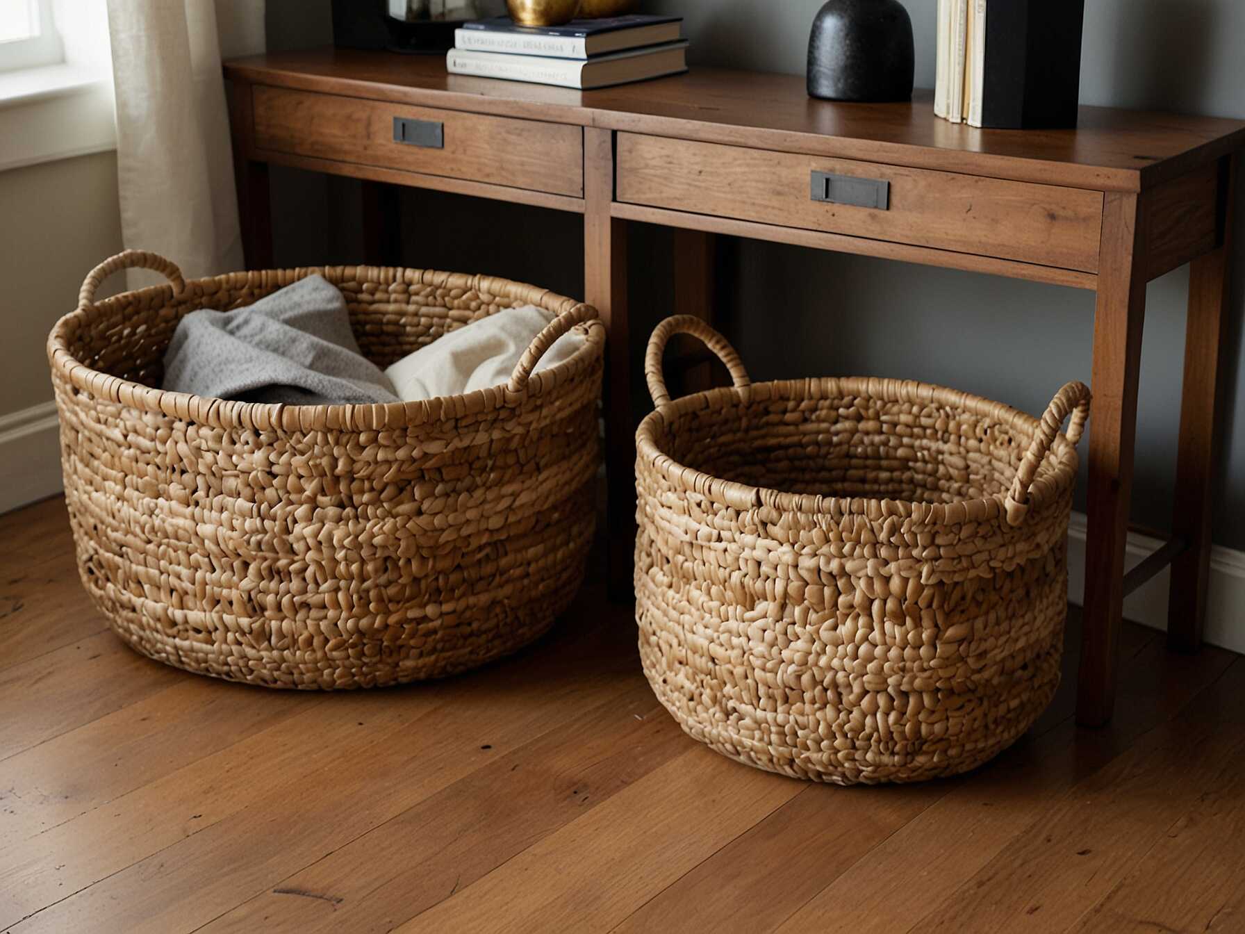 Woven baskets are great for hallway storage. Place them under a console table or on shelves. They look neat and keep things organized.  