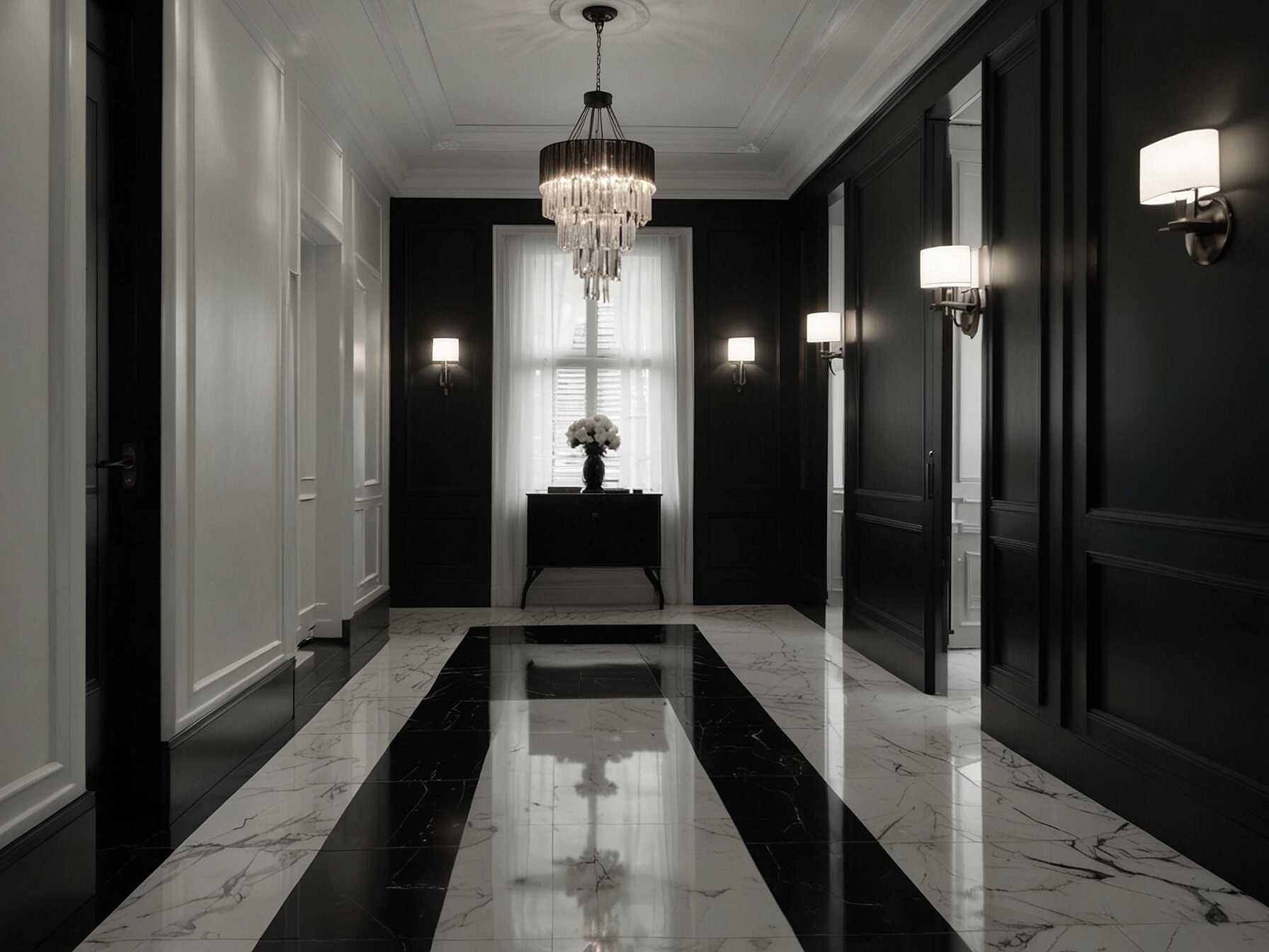 A black and white theme looks modern and chic. Use it for walls, floors, and decor. This timeless style adds sophistication to your hallway.  