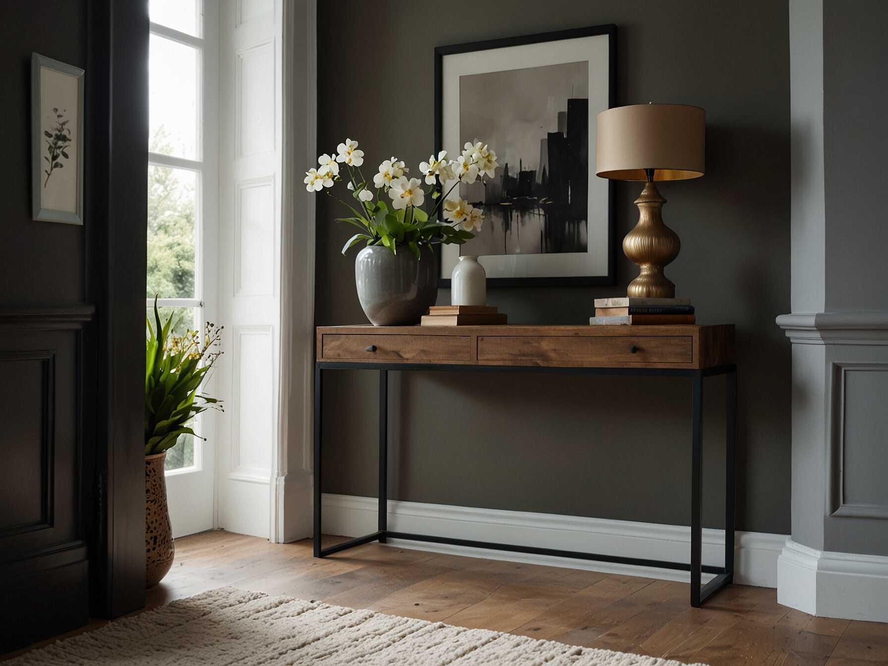 A console table can add style and function to your hallway. Use it to display decor items like vases or plants. It’s also a great place to drop keys and mail.  