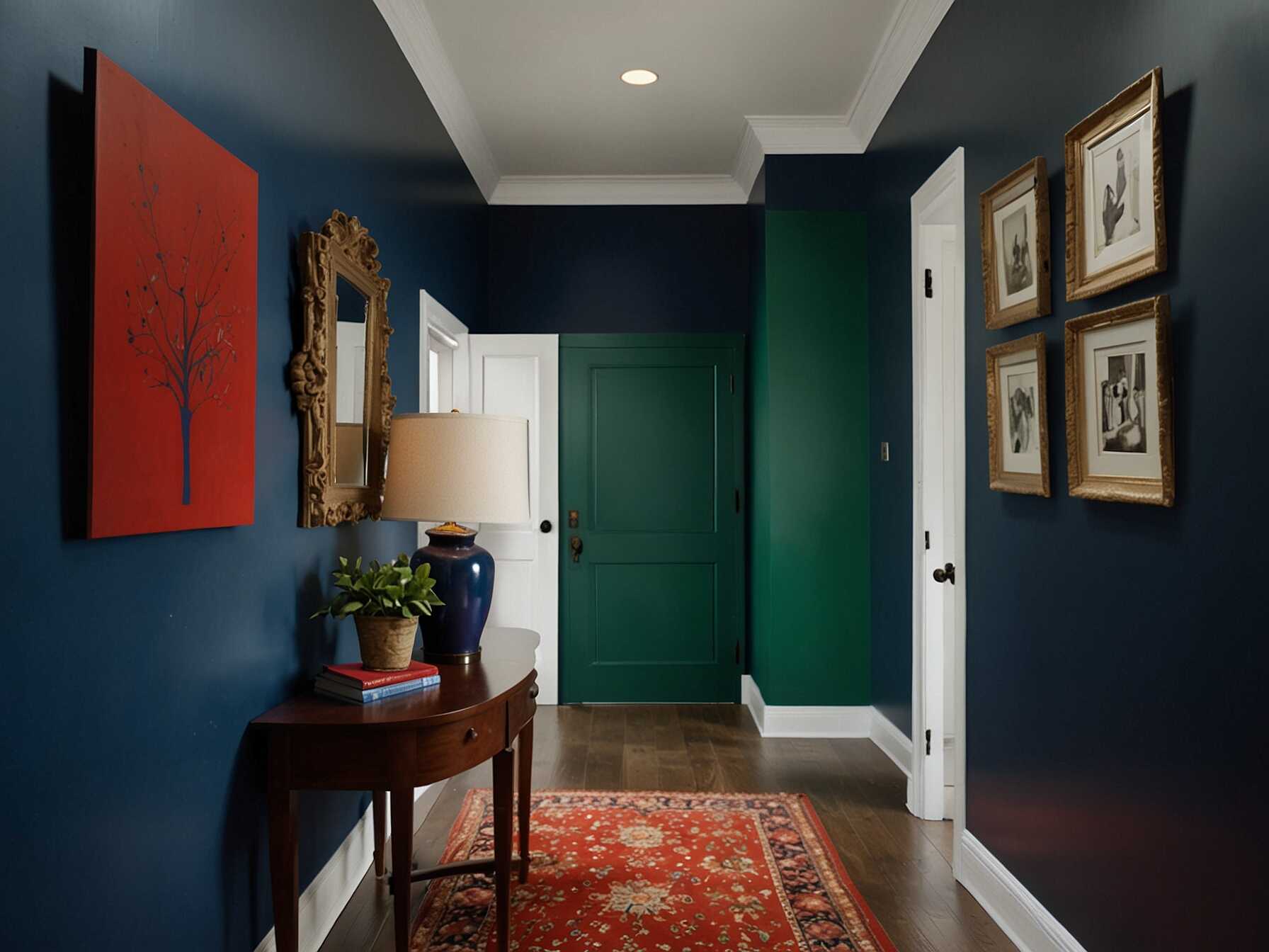 Bold paint colors can make a hallway stand out. Choose a rich blue, green, or red for a dramatic effect. It adds character and sets the tone for your home.  