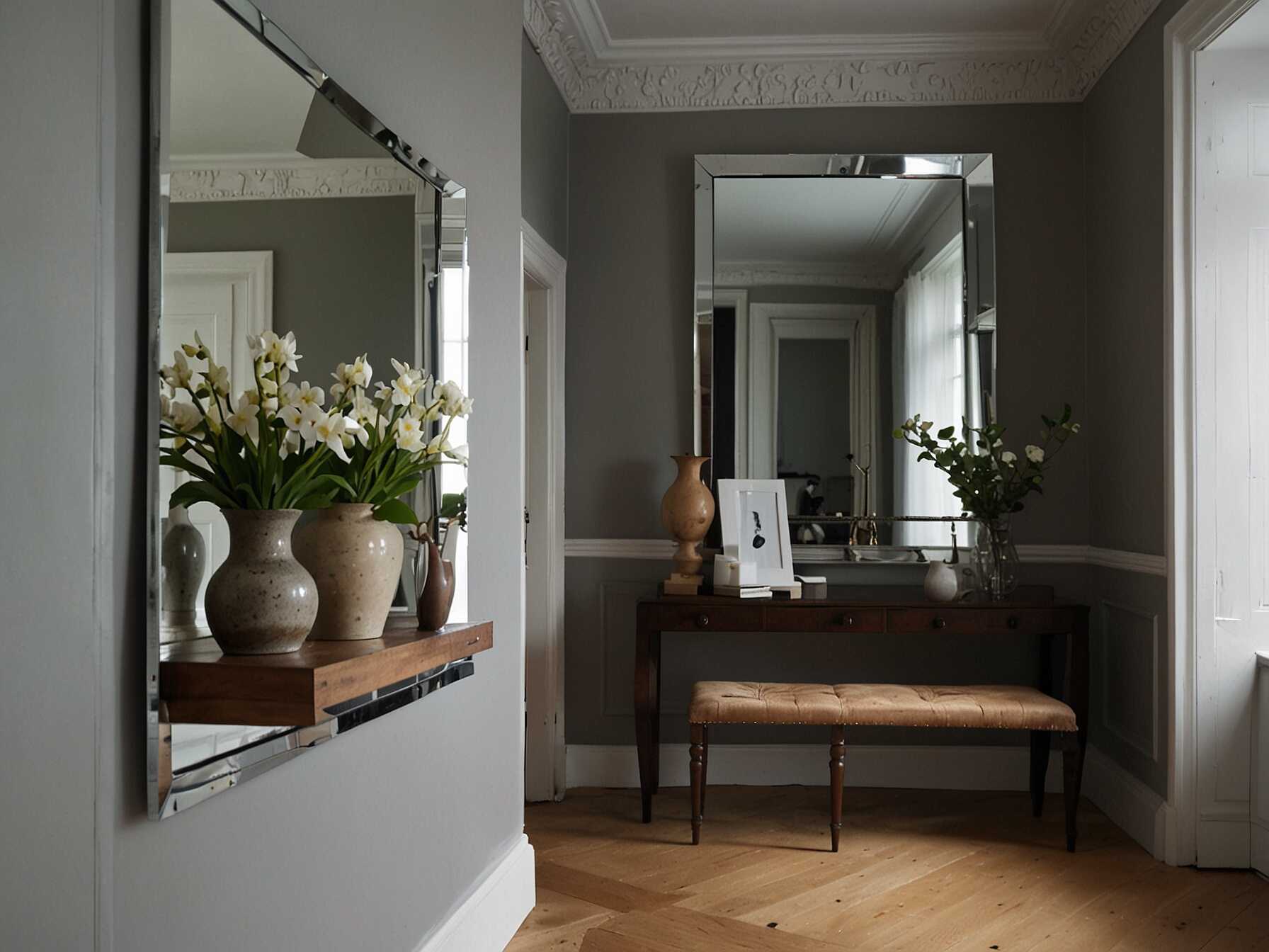 Mirrors can make a small hallway look bigger. Hang a large mirror or create a mirror wall. This reflects light and opens up the space.  