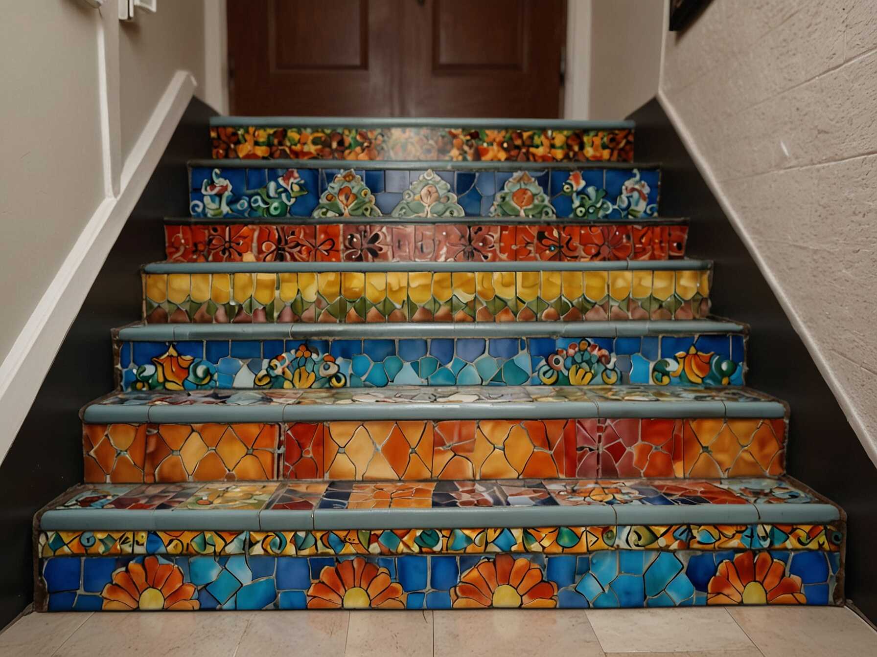 Add color and pattern with custom tile risers. Each step can have unique tiles that show off your style. This design brings a personalized and artistic touch to your home.  