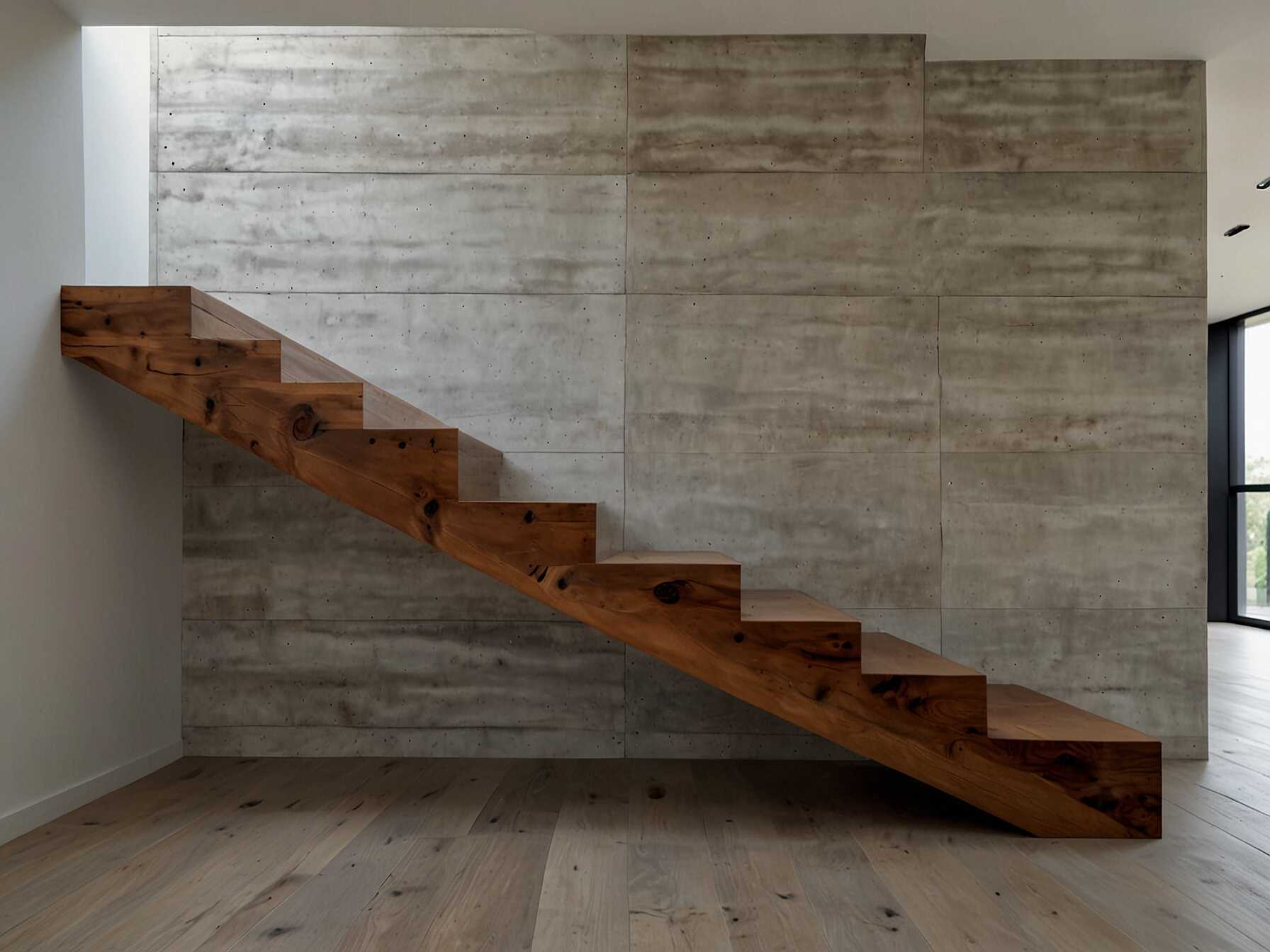 Floating wood steps provide a minimalist and natural look. This design uses simple wooden steps attached to the wall. The open space below makes the area feel spacious and airy.  