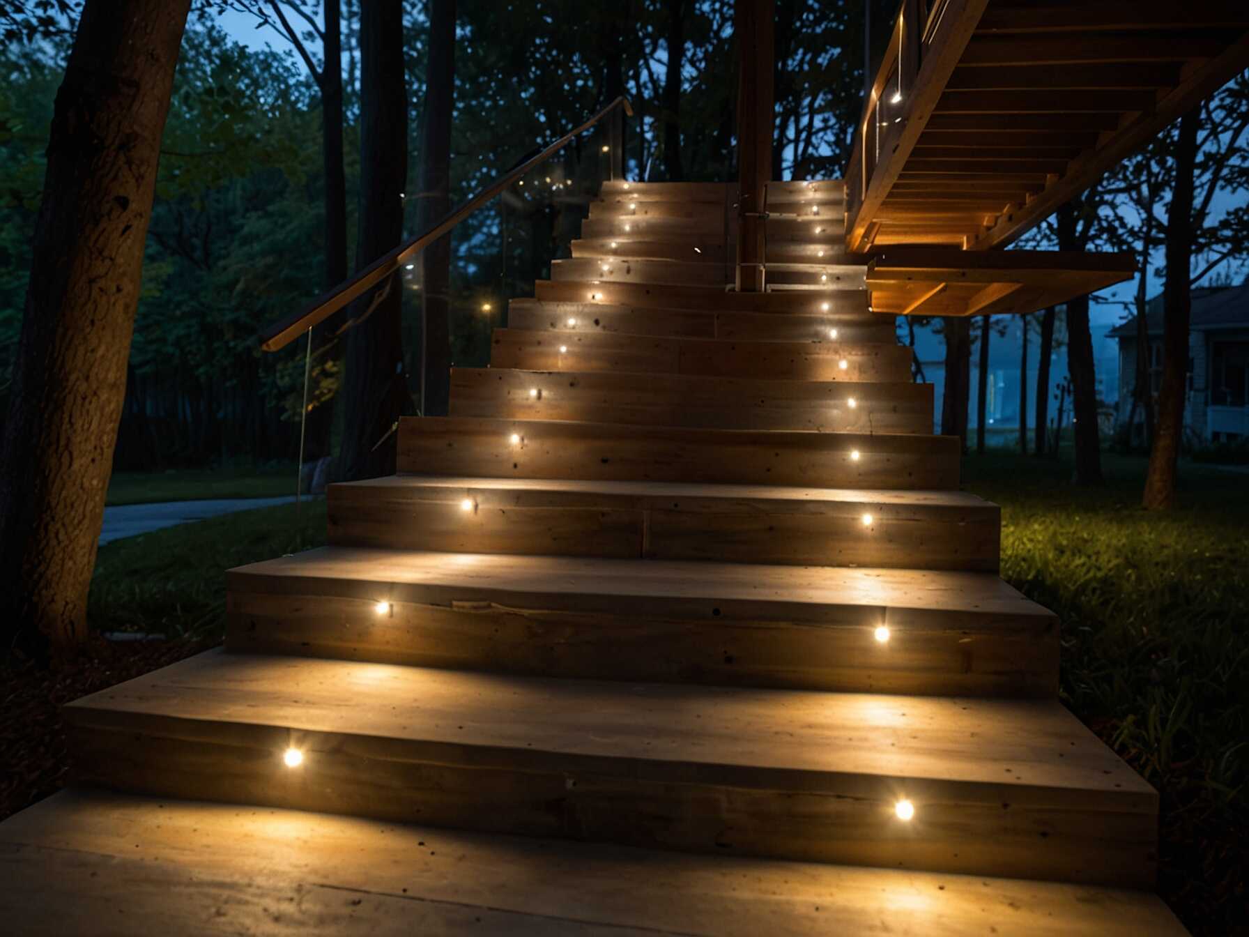 Lighted staircases have built-in lights under each step. These lights create a warm and inviting atmosphere. It also adds safety by improving visibility at night.  