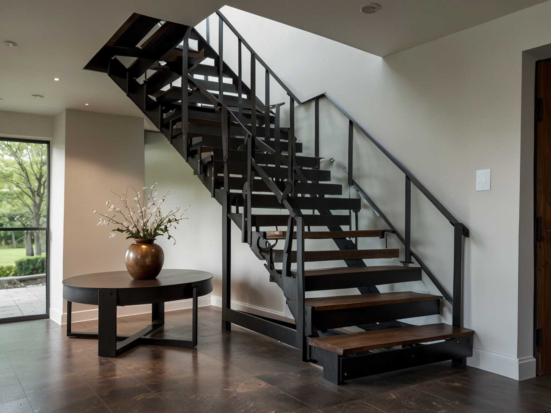 Modern metal staircases are sleek and strong. They work well in contemporary homes. You can choose from different finishes like stainless steel or matte black.  