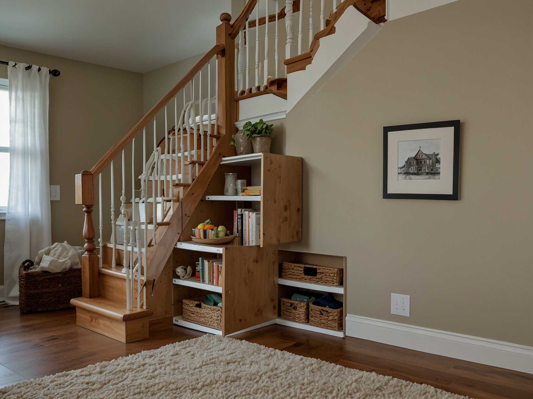 Utilize the space under your staircase for storage. You can add drawers or cabinets for a functional design. Its a smart way to keep your home organized and tidy.  