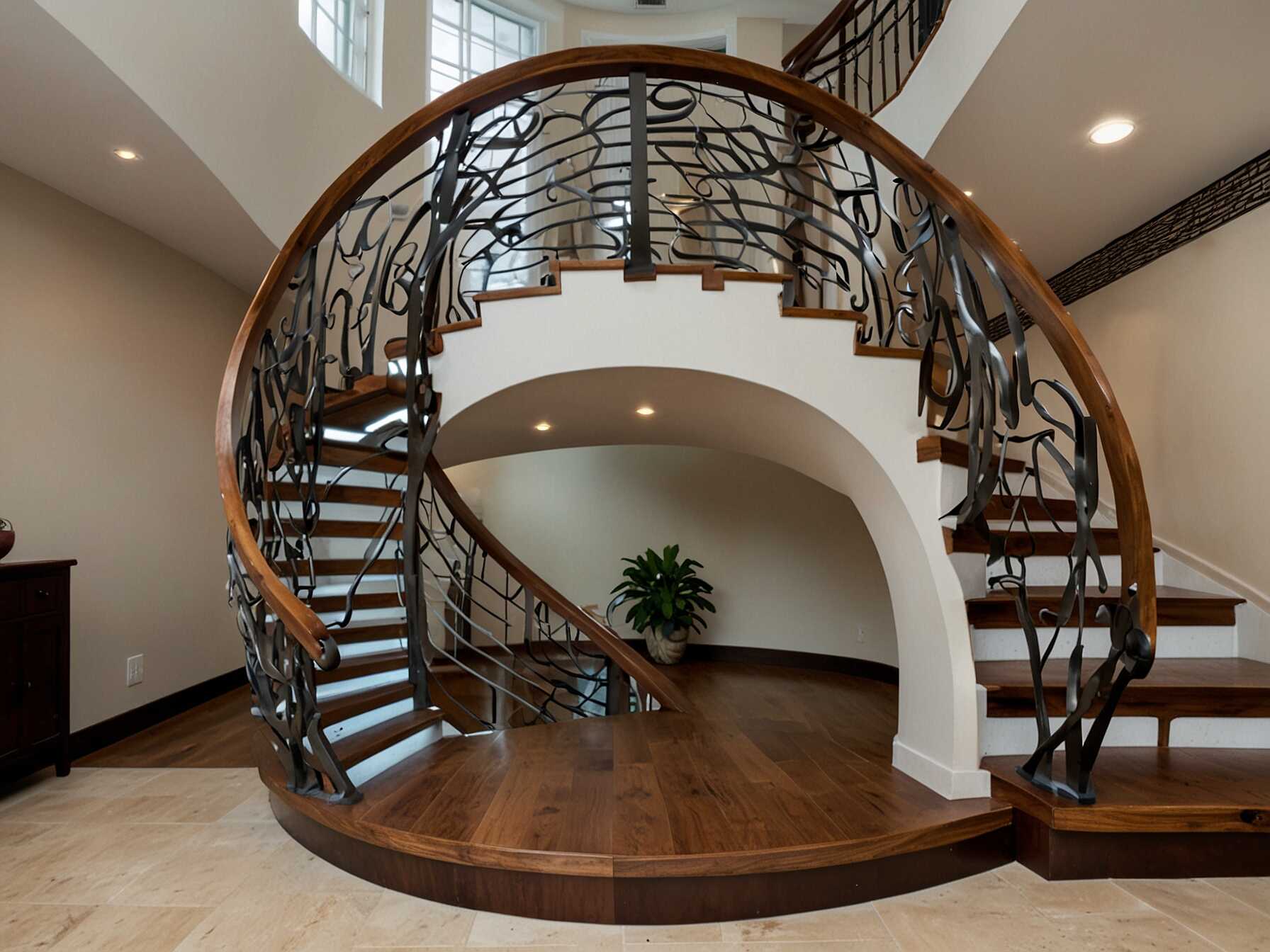 A double helix staircase looks like a spiral but with two intertwining paths. This unique design is an eye-catching feature. It adds a wow factor to any home.  