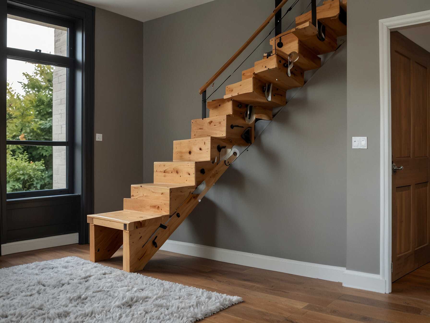 A folding staircase can be folded up when not in use. This space-saving design is perfect for small homes. It can be tucked away neatly, keeping your space uncluttered.  