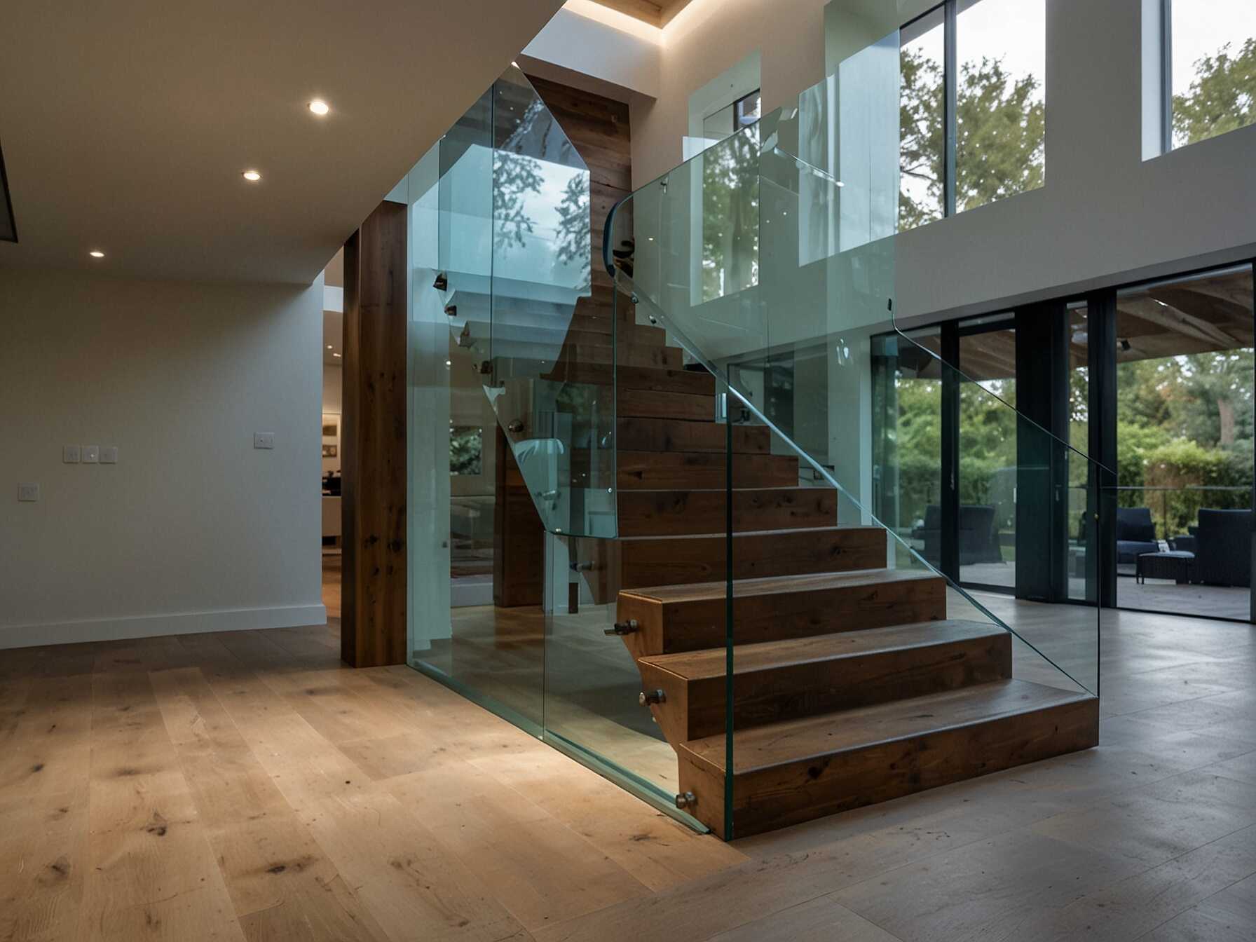 A glass staircase is perfect for a modern home. The transparency of the glass allows light to pass through, making your home feel bright and open. This type of staircase can have metal or wooden handrails for extra support.  