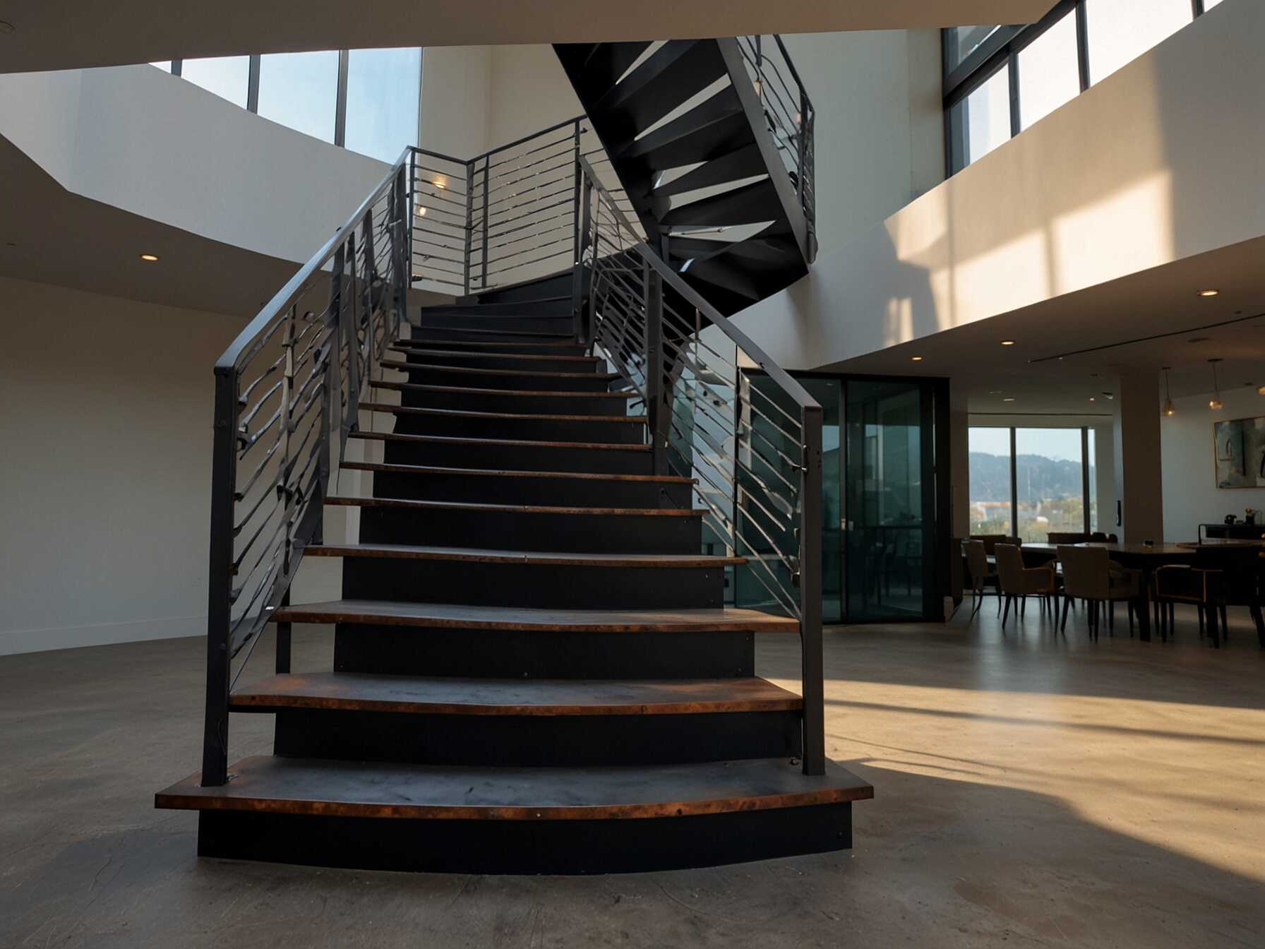 A metal staircase is strong and durable. It can be designed in different styles from industrial to artistic. Metal staircases can be painted in various colors to fit your aesthetic.  