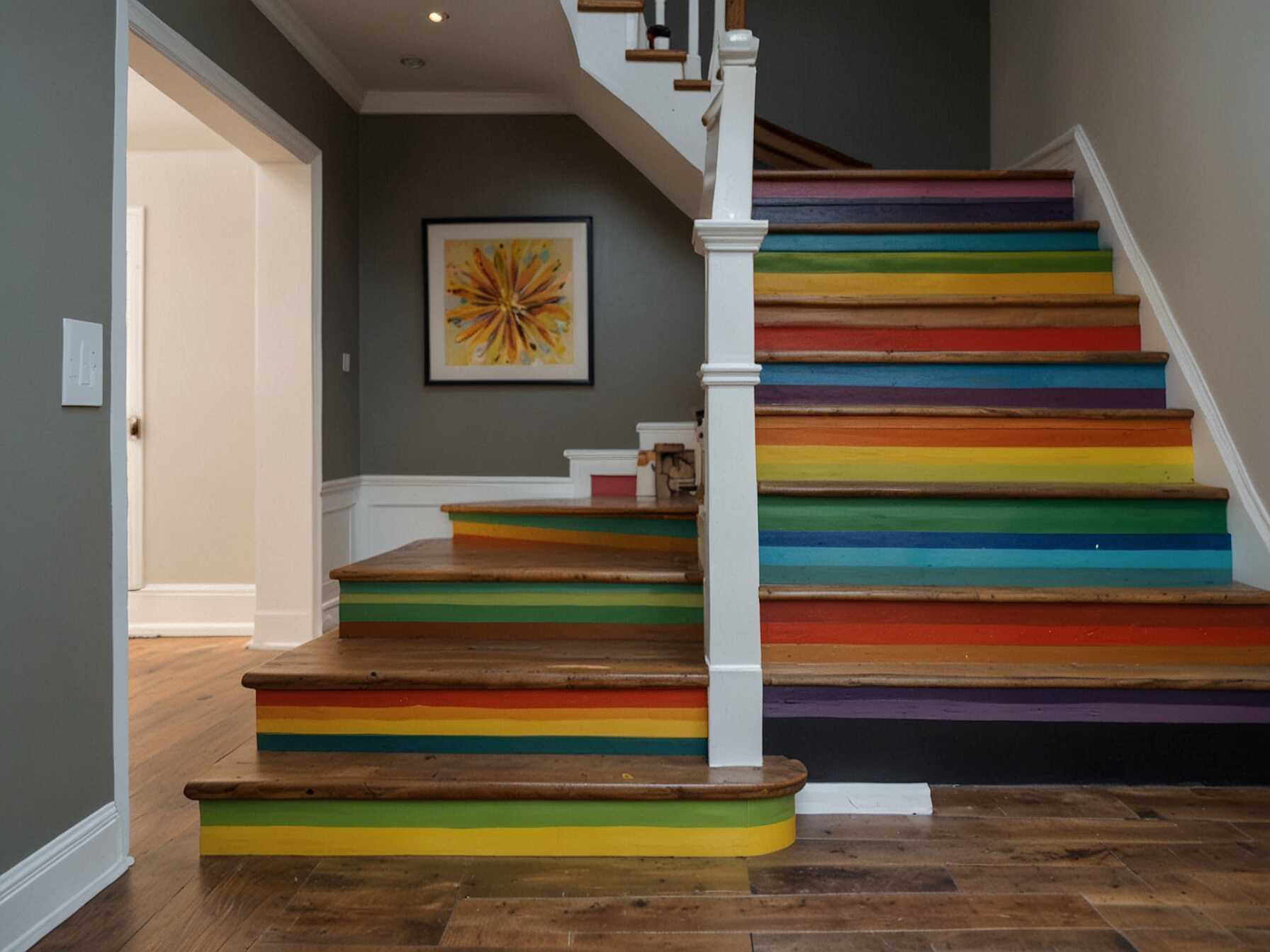 Paint the risers of your staircase in different colors or patterns. This can add a creative touch to your staircase. The painted design can match your home’s color scheme or stand out as an art piece.  