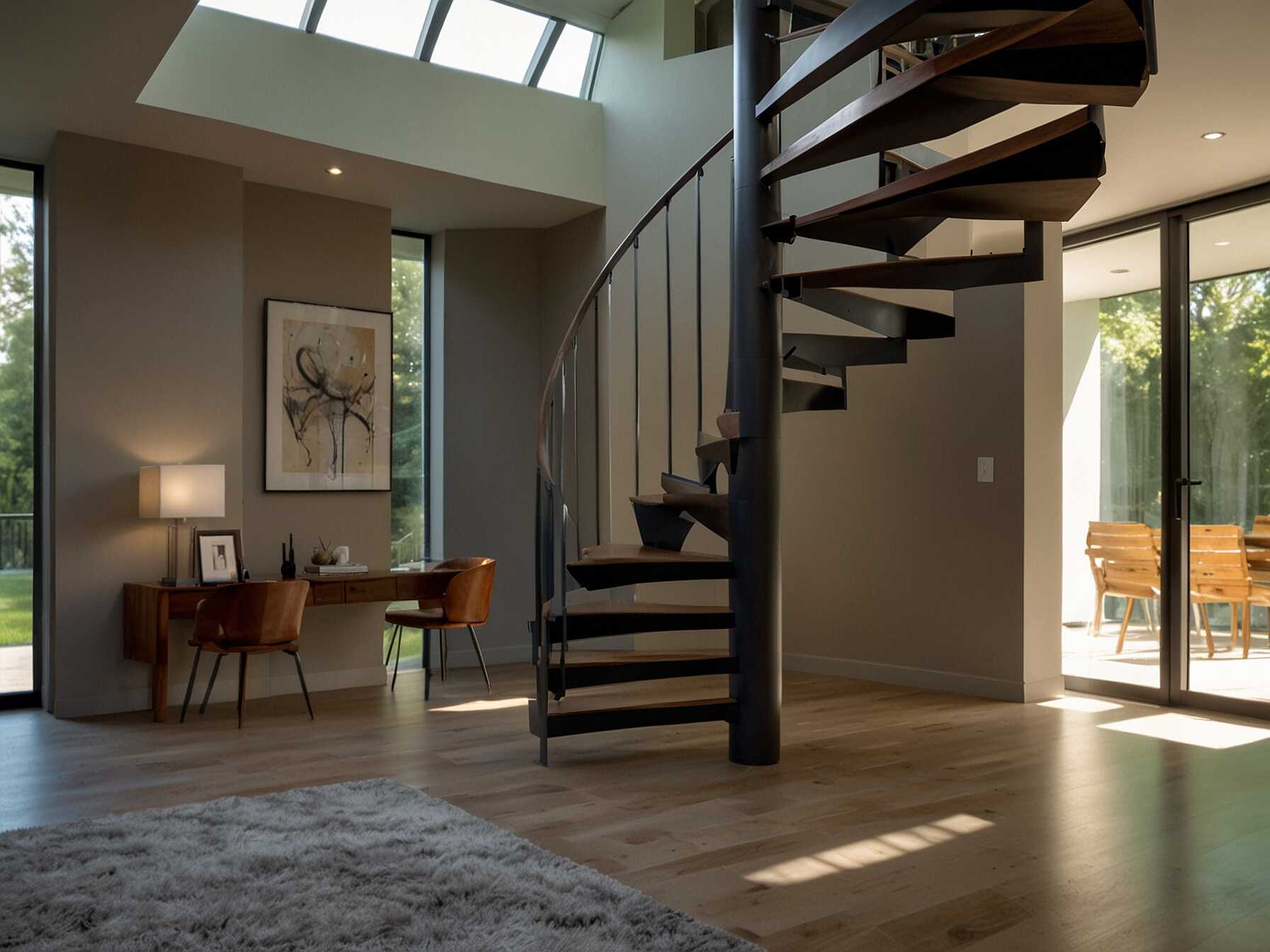 A spiral staircase can be a stunning feature in any home. Its winding design saves space and looks elegant. You can choose materials like wood, metal, or glass to match your décor.  