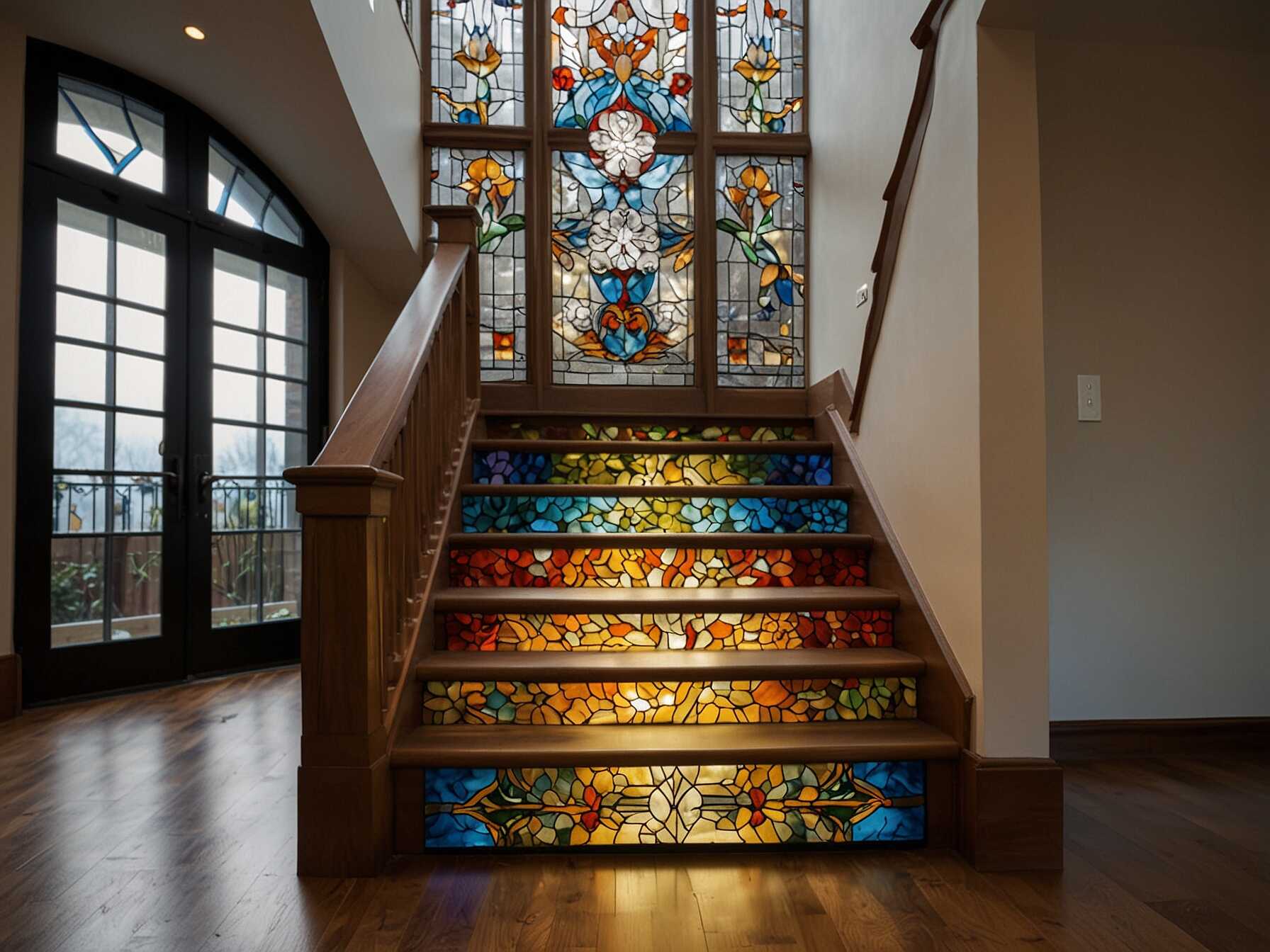 Incorporate stained glass into your staircase design. The colored glass can create beautiful light patterns in your home. This adds a touch of artistry and elegance to your staircase.  