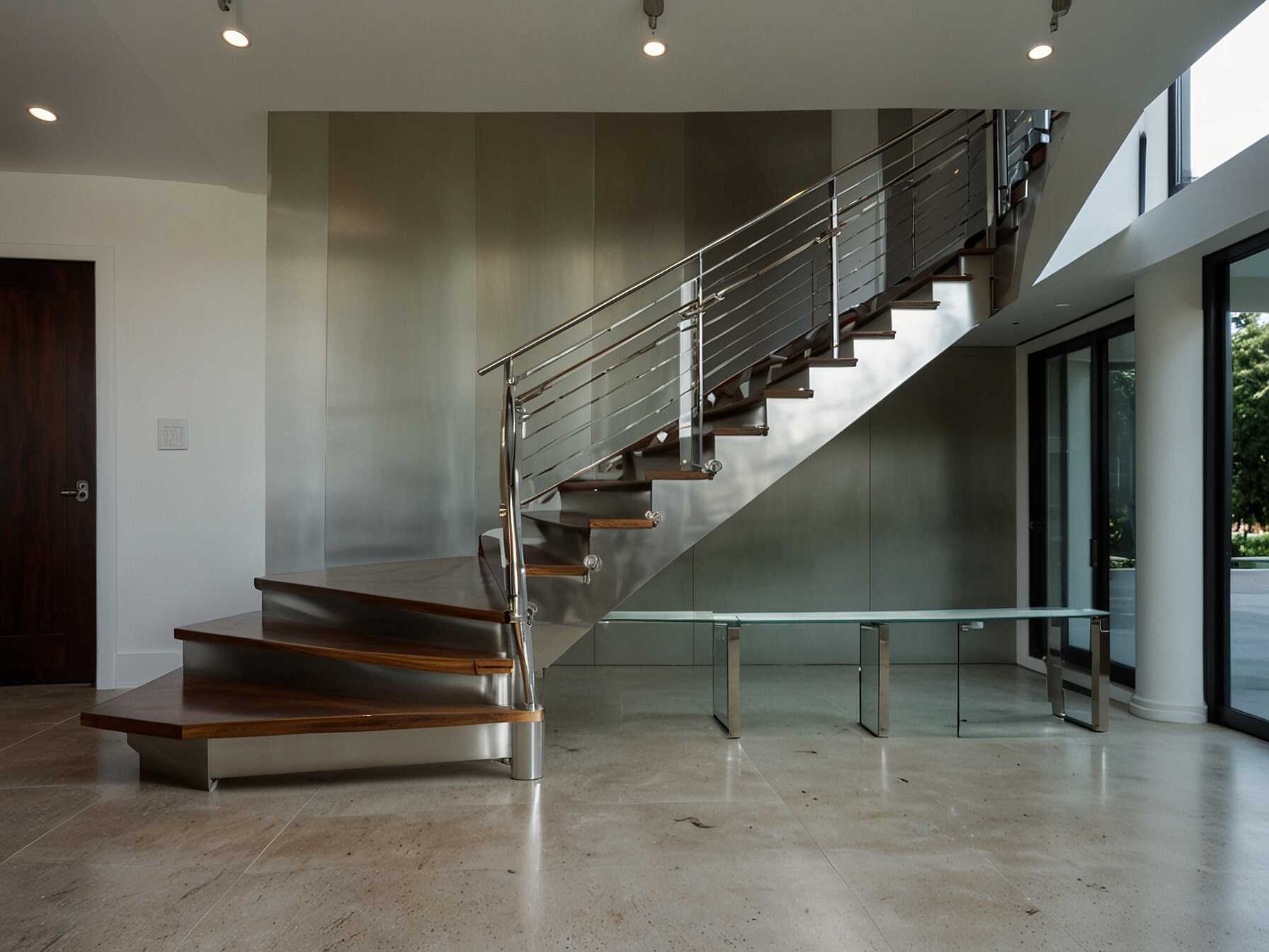 A stainless-steel staircase is sleek and modern. Its shiny surface can reflect light and brighten up your space. This design is stylish and easy to maintain.  