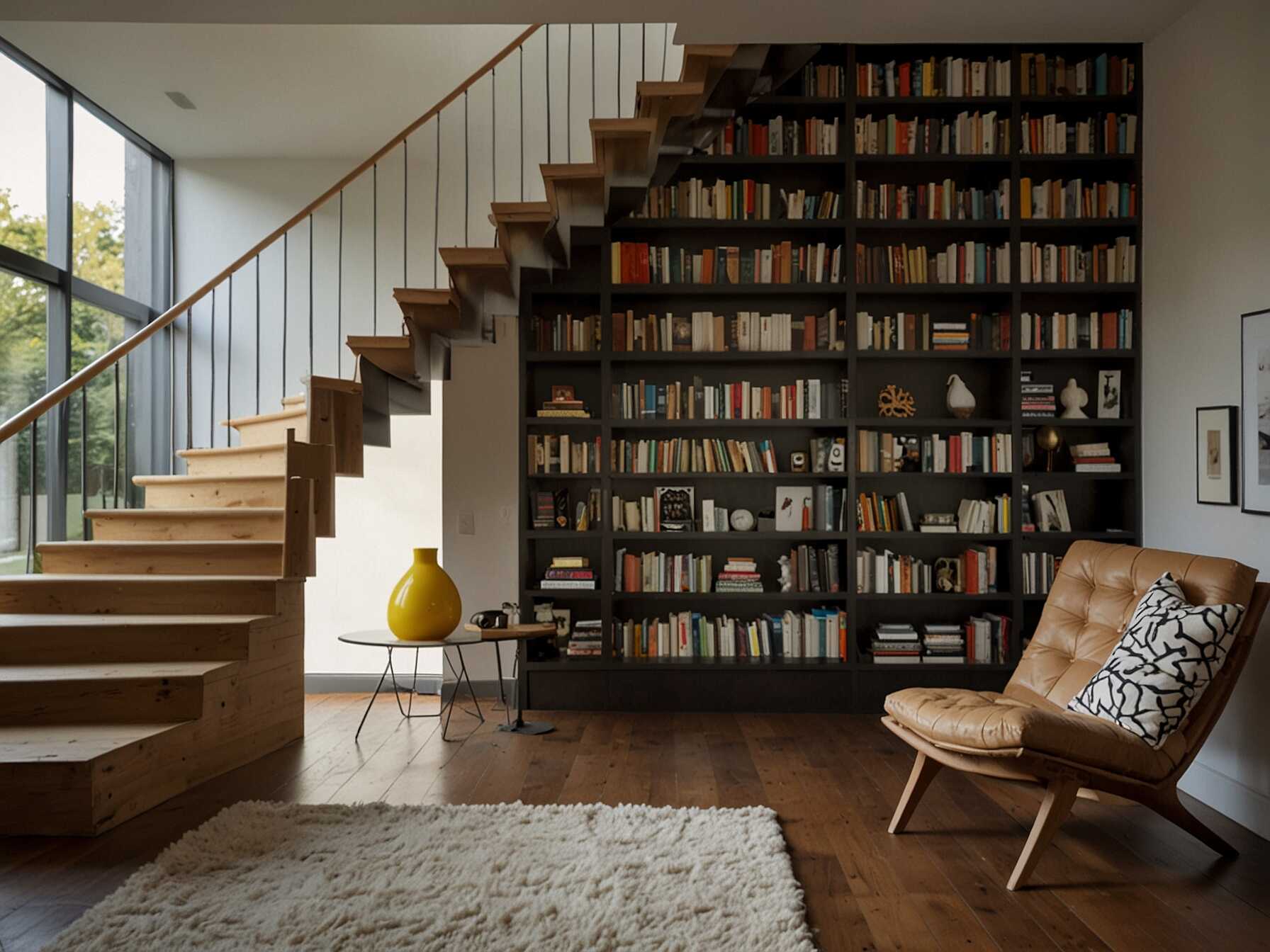 Combine your love for books with your staircase. Built-in bookshelves along the staircase can be both beautiful and practical. This design saves space and adds a cozy feel to your home.  