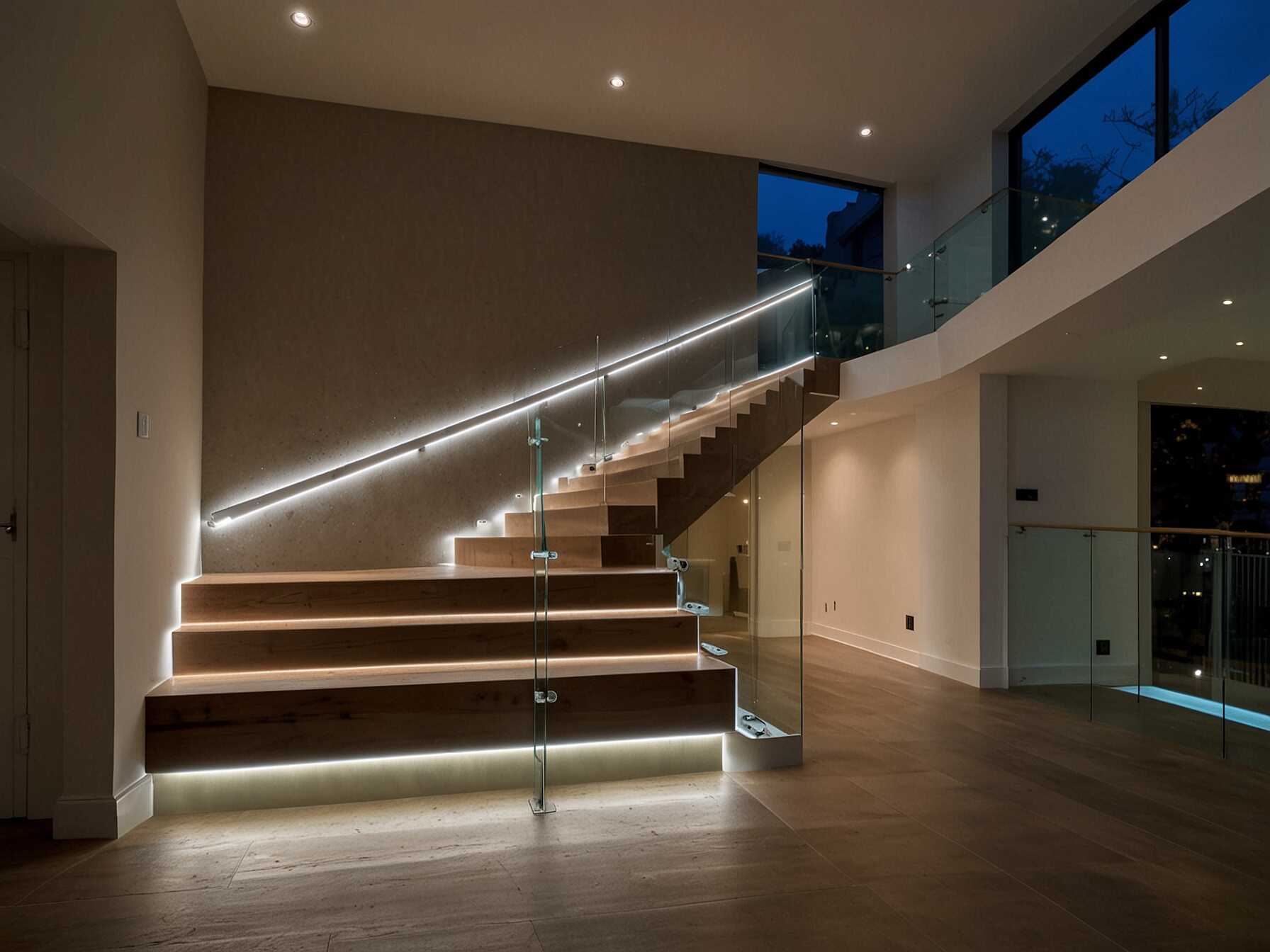 Adding LED lights to your staircase can make it look modern and high-tech. The lights can be installed under the steps or along the handrails. This design adds safety and style to your home.  