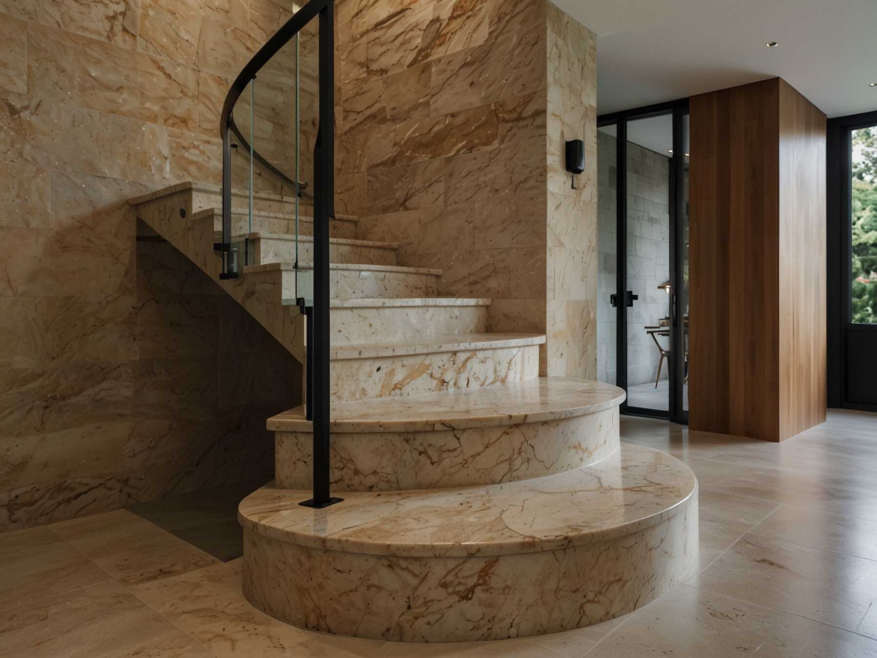 A stone staircase is solid and sturdy. It brings a natural, earthy feel to your home. You can choose from different types of stone like marble, granite, or limestone.  