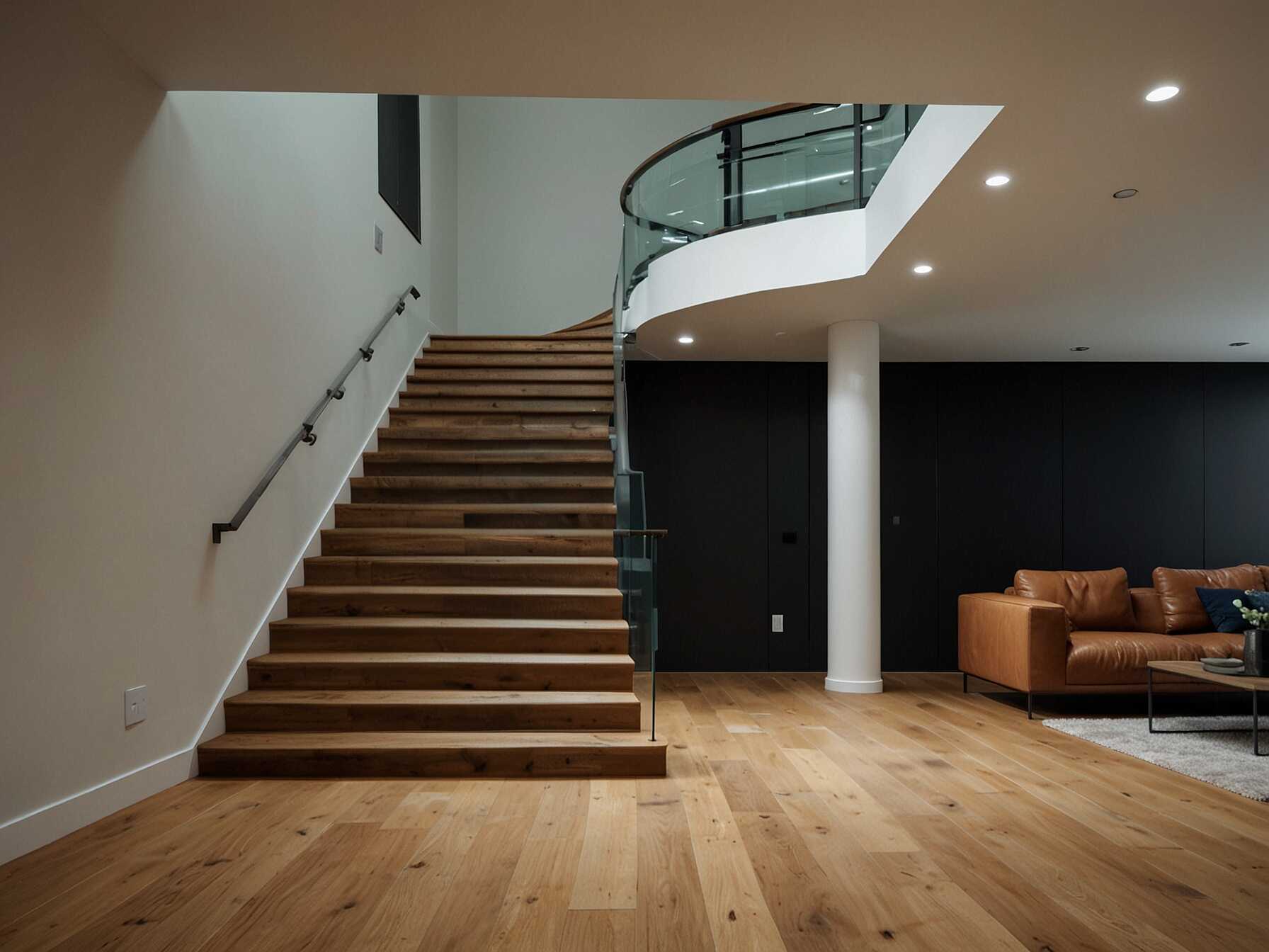 A straight staircase is simple and classic. It goes directly from one floor to another without any curves or turns. This straightforward design is versatile and can fit any home style.  