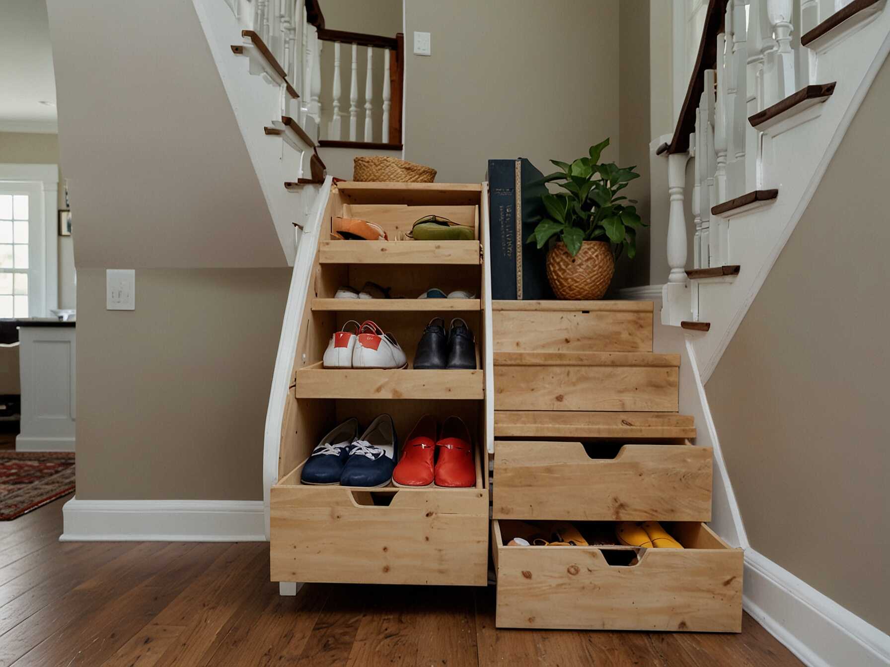 Maximize the space under your staircase with built-in storage. Shelves, drawers, or even a small closet can fit neatly under the stairs. This idea is both functional and stylish.  