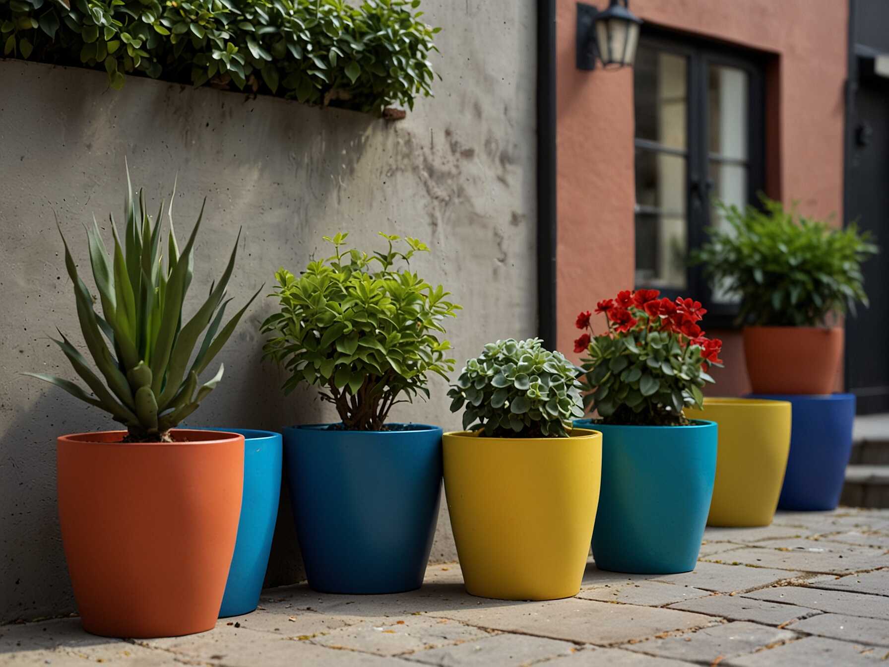 Incorporate colorful plant pots to brighten your courtyard. Mix and match different sizes and colors. This can make your outdoor space look lively and fun.  