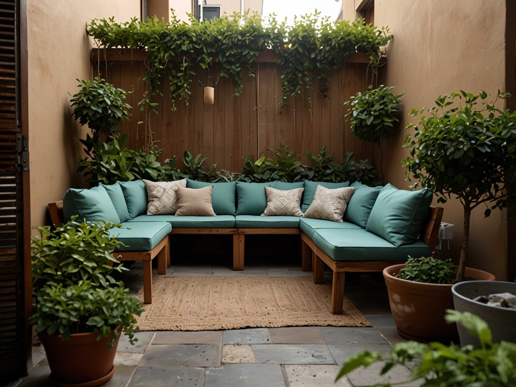 Turn a corner of your courtyard into a cozy nook filled with lush greenery. Use potted plants and hanging baskets to add layers of green. Add a comfortable chair or a small bench to create a perfect spot for reading or relaxing.  