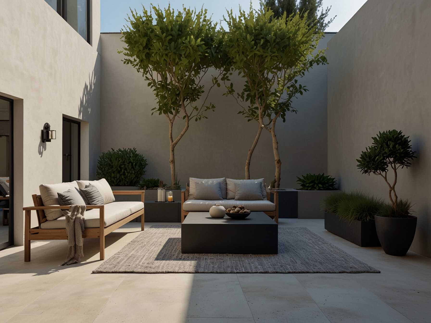 Keep your courtyard design simple and modern. Use sleek furniture with clean lines. Choose a monochromatic color scheme and add a few statement pieces to keep it refined yet striking.  