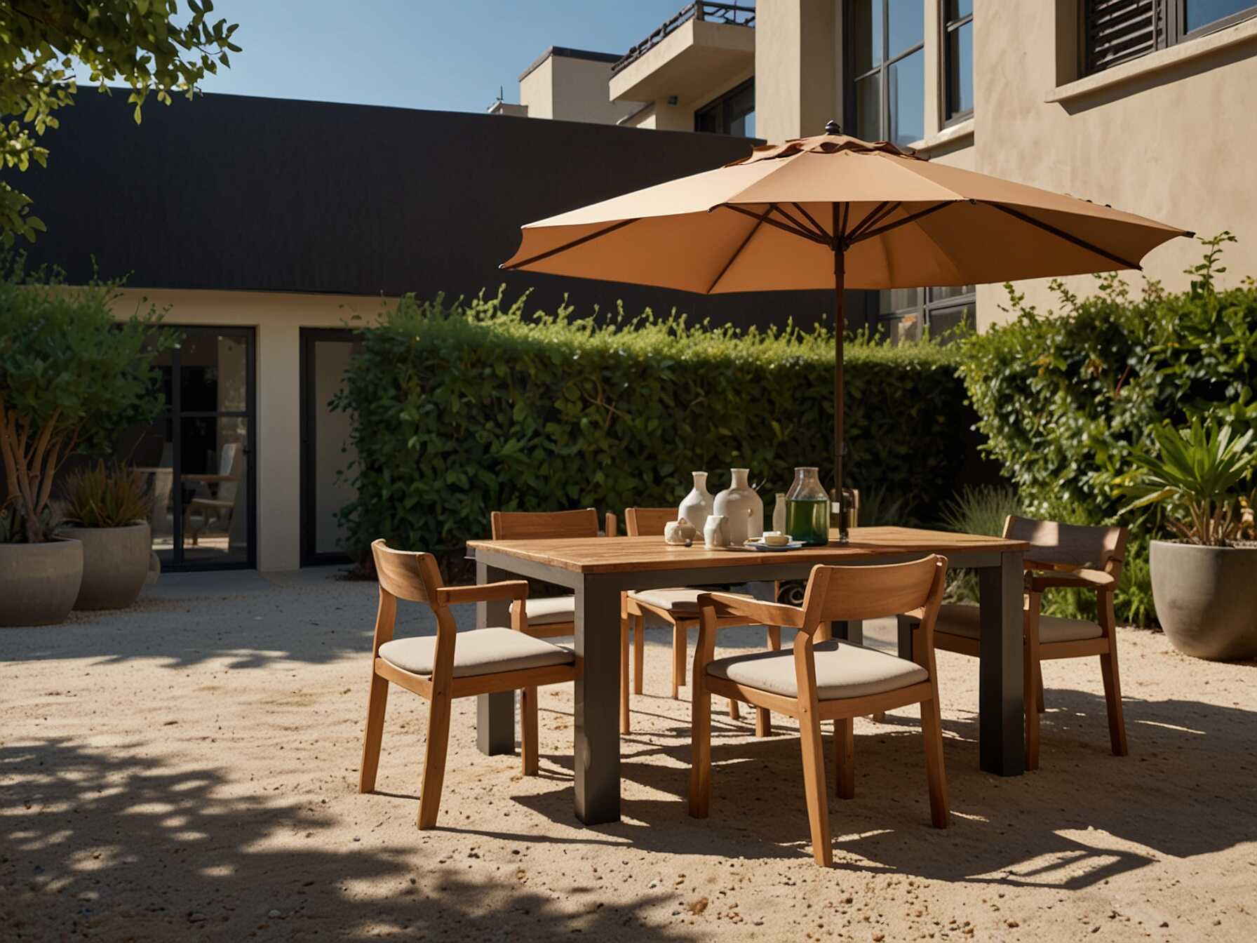 Set up a dining area in your courtyard. A small table with chairs is perfect for meals or gatherings. Add a shade, like an umbrella or pergola, to protect from the sun.  